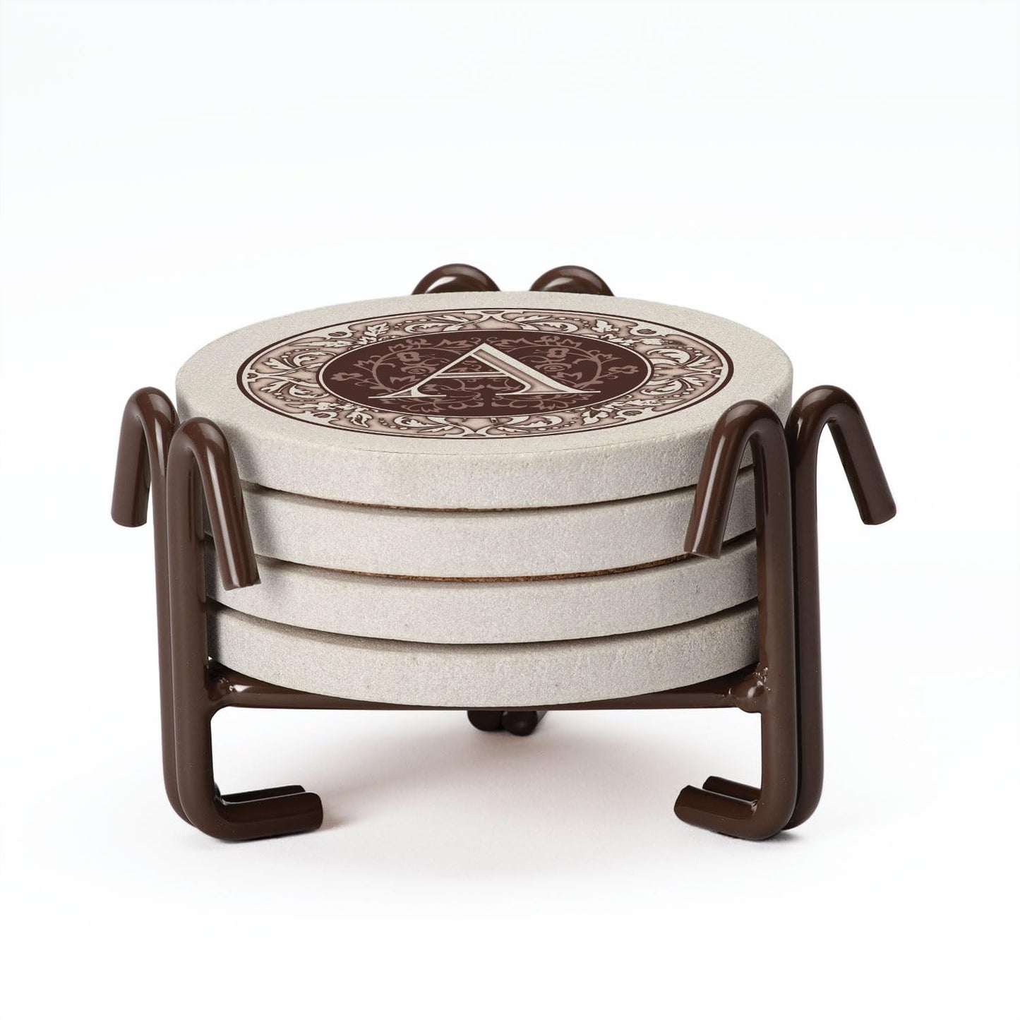 Thirstystone 4 Pack Monogram Letter A Sandstone Coasters in Bronze Iron Ram Coaster Holder 4.75" x 4.38" x 2.75"
