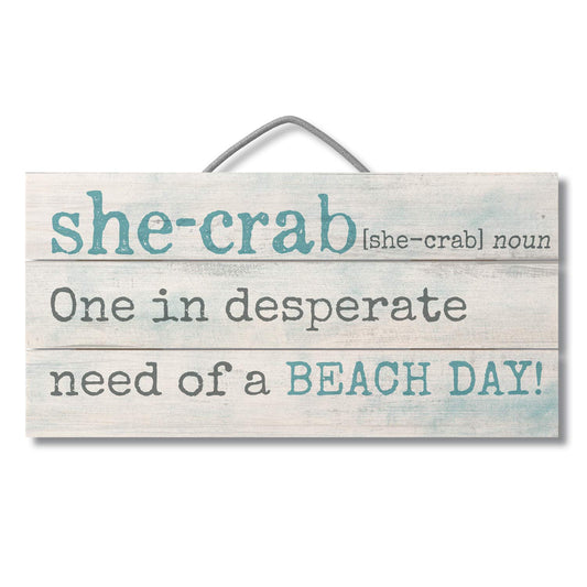 She Crab Decorative Slatted Pallet Wood Sign 12" by 6" Made in the USA Wire Hanger Doubles as an Easel