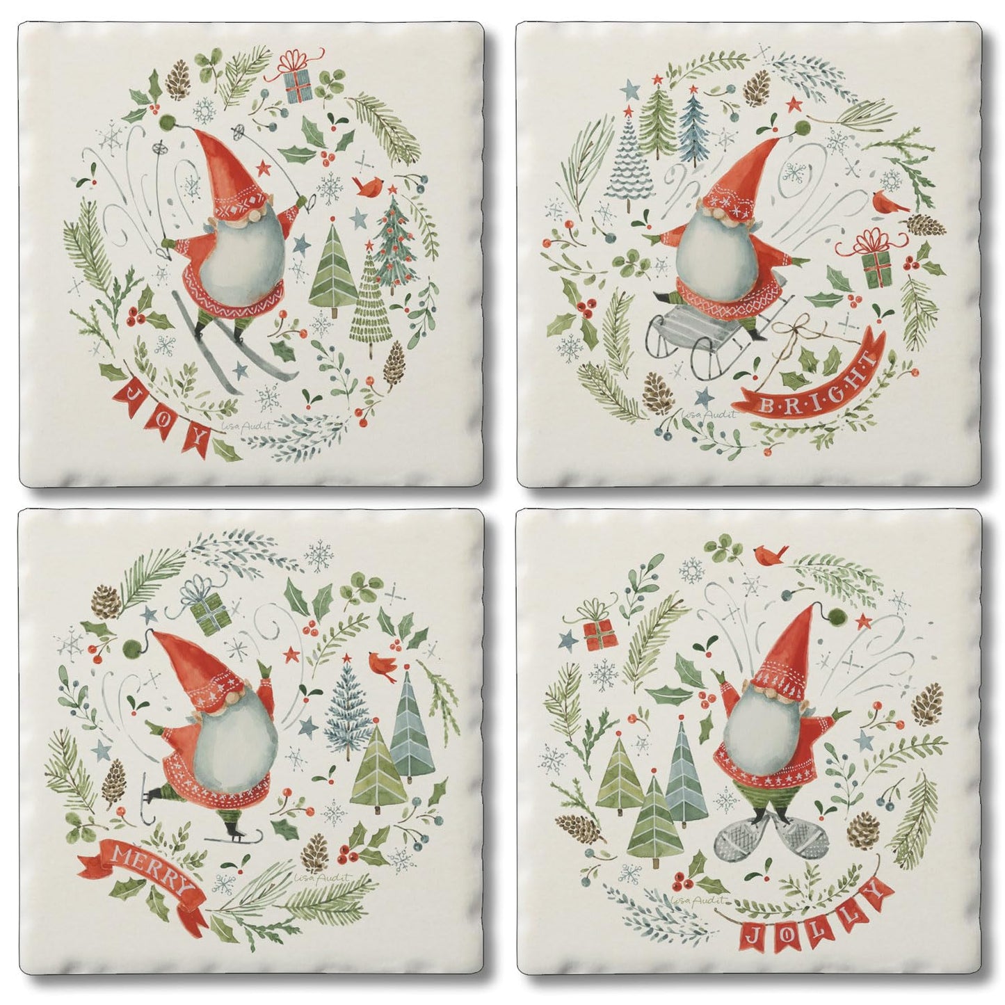 Thirstystone Jolly Gnomes 4 Pack Assorted Tumbled Tile Stone Coasters 4" Square