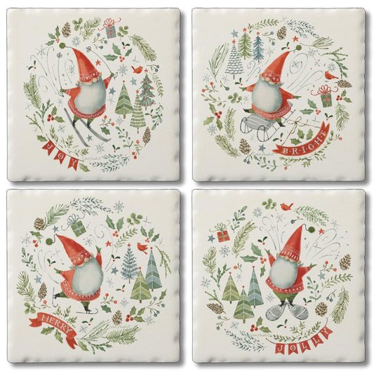 Thirstystone Jolly Gnomes 4 Pack Assorted Tumbled Tile Stone Coasters 4" Square
