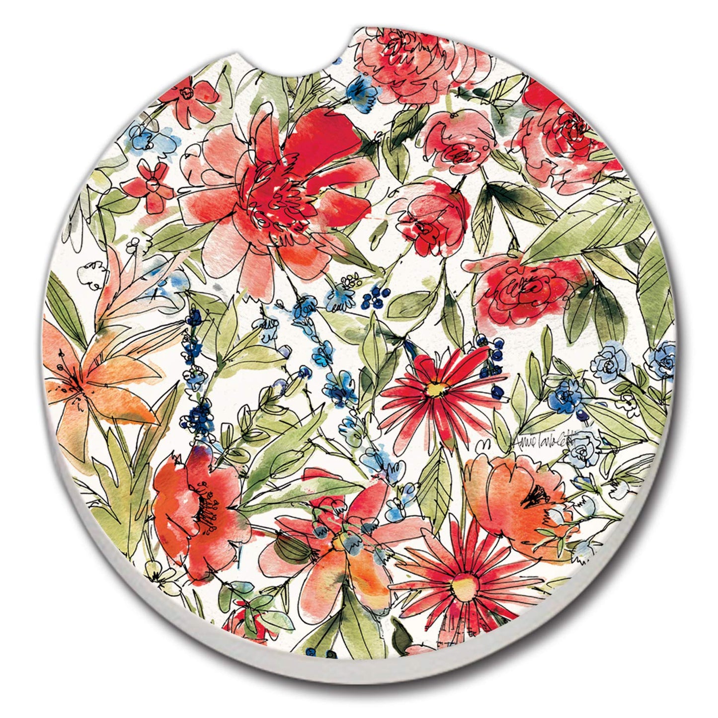 Thirstystone Americana Mood Floral Single Absorbnent Stone Coaster for Vehicle Cup Holder 2.6” Diameter Manufactured in The USA