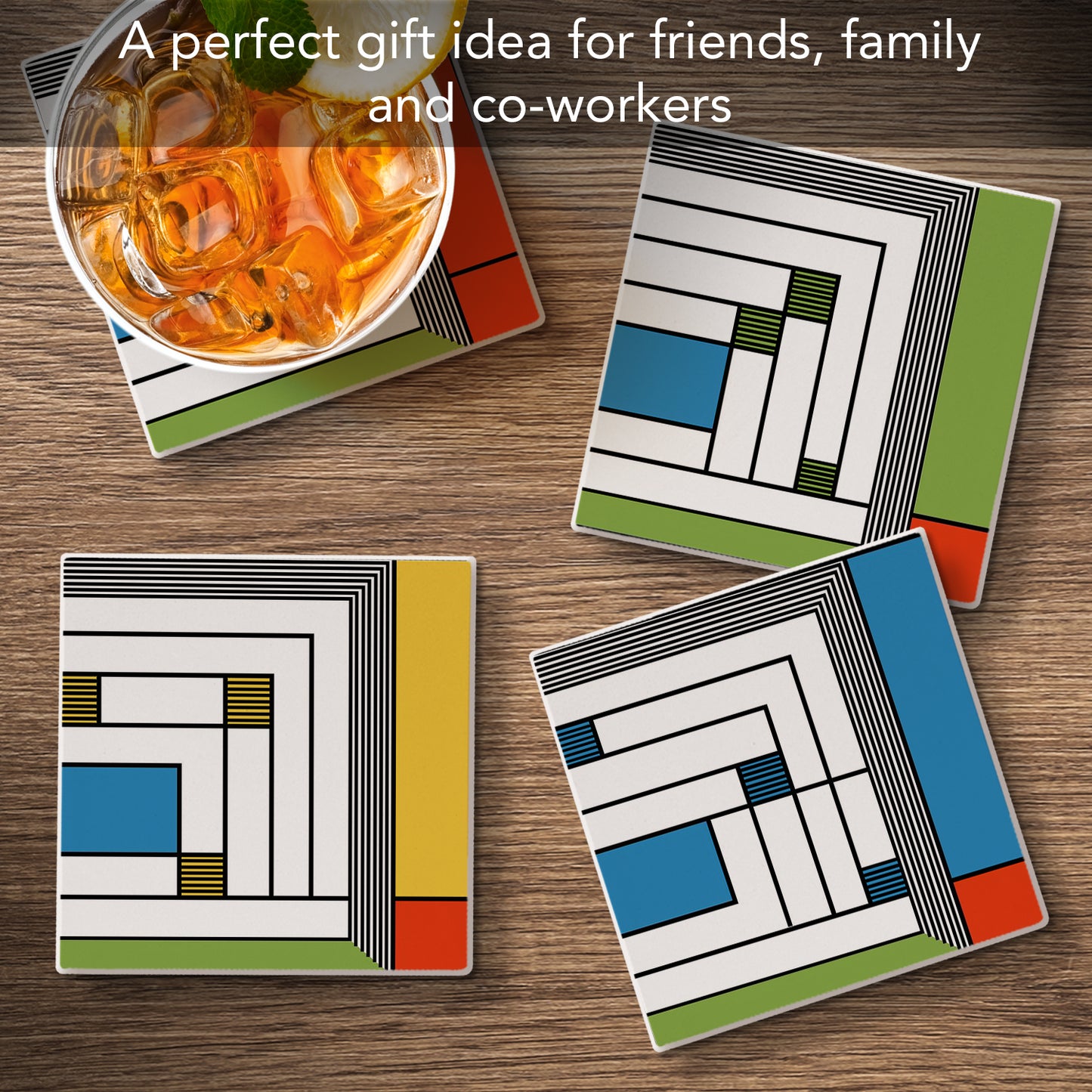 Harold Price Jr. Rug Design by Frank Lloyd Wright 4-Pack Assorted Stone Coasters with Protective Cork Backing Manufactured in The USA Absorbent Easily Wipes Clean