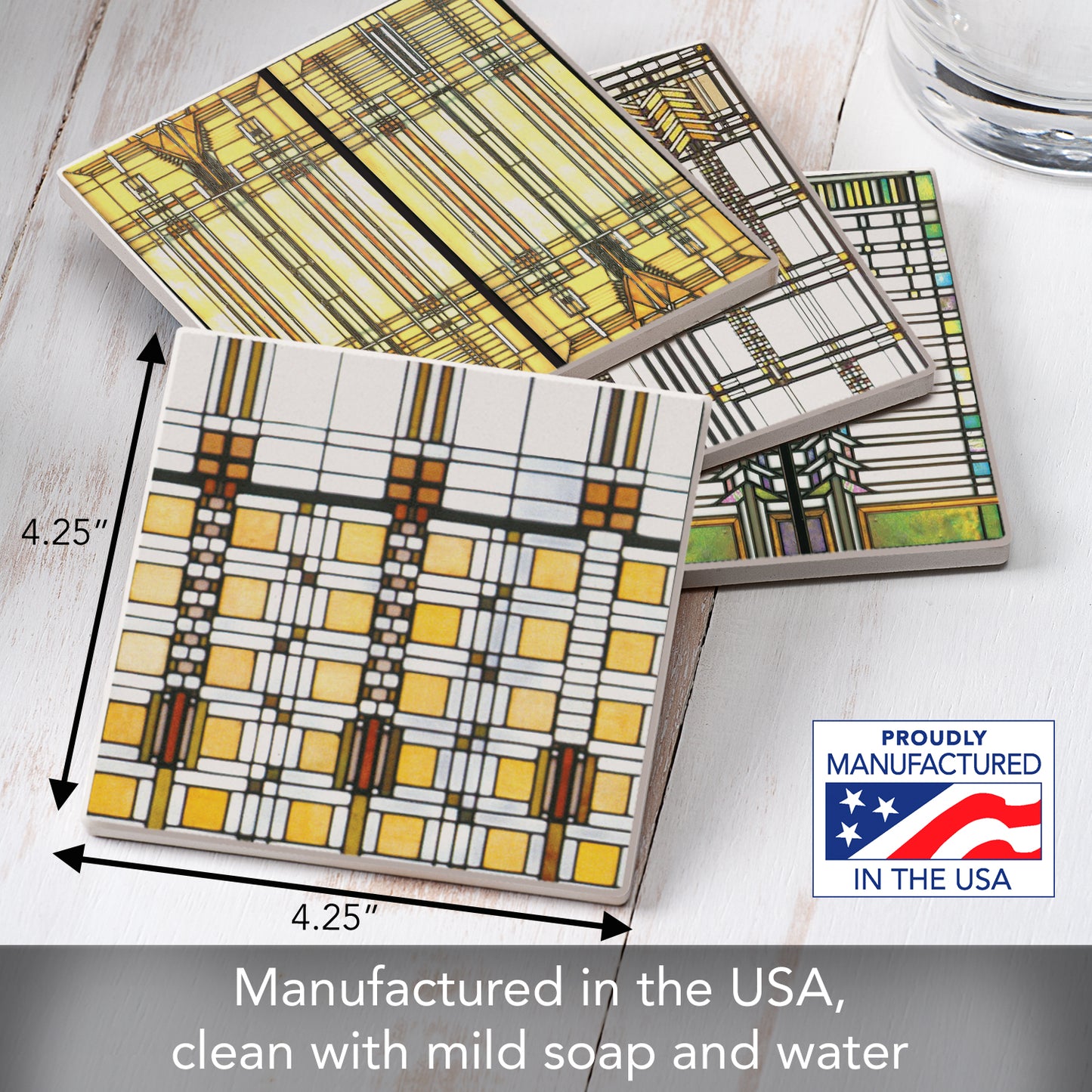 Frank Lloyd Wright Assorted 4 Pack Art Glass Collection Stone Coasters Manufactured in the USA