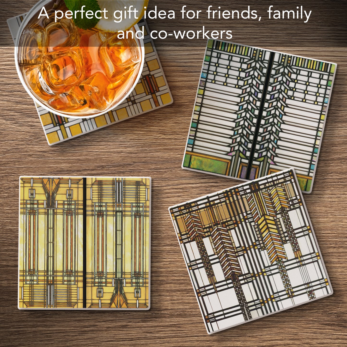 Assorted Art Glass Collection by Frank Lloyd Wright 4-Pack Assorted Stone Coasters with Protective Cork Backing Manufactured in The USA Absorbent Easily Wipes Clean