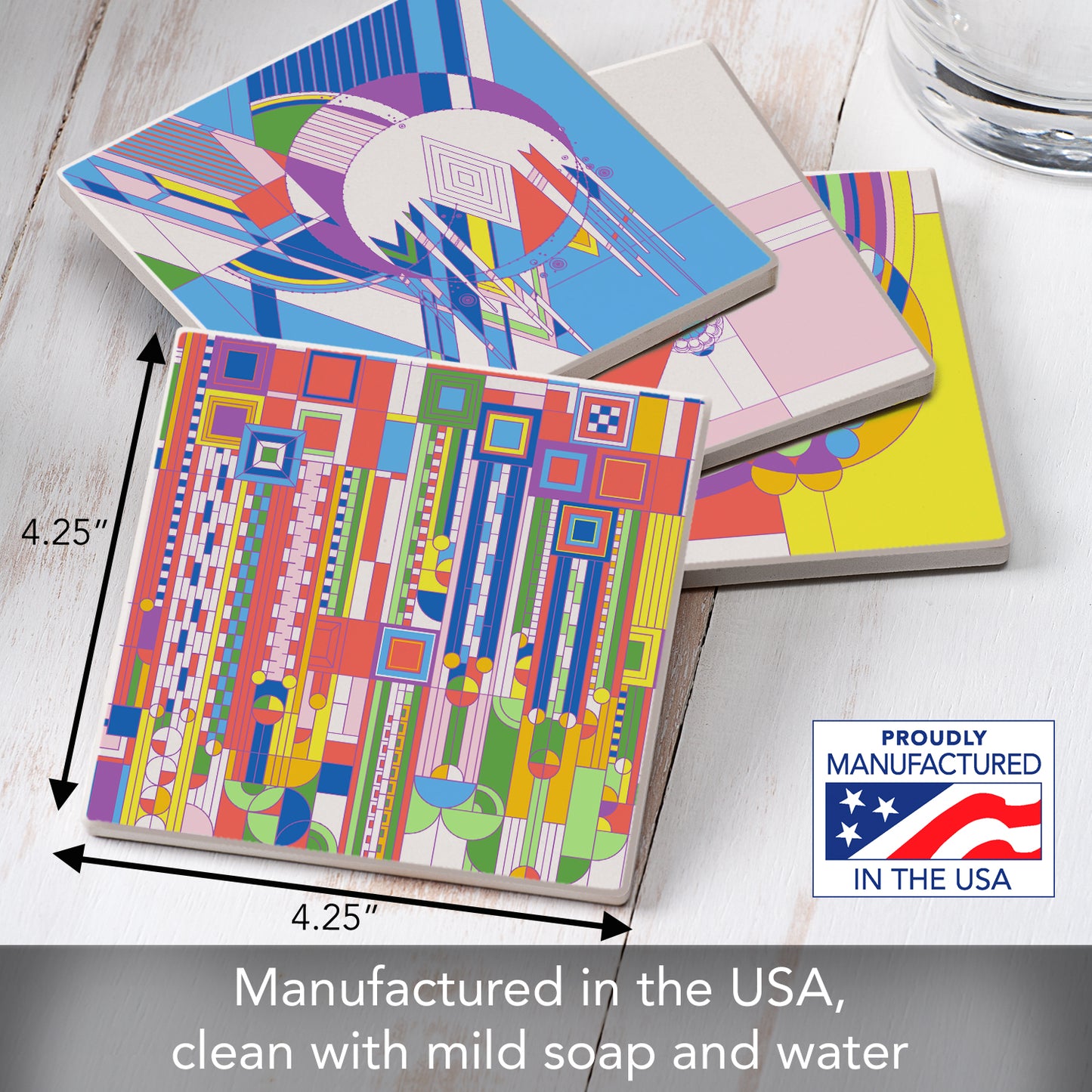 Frank Lloyd Wright 4 Pack Assorted New Liberty Covers Absorbent Stone Coasters Manufactured in the USA