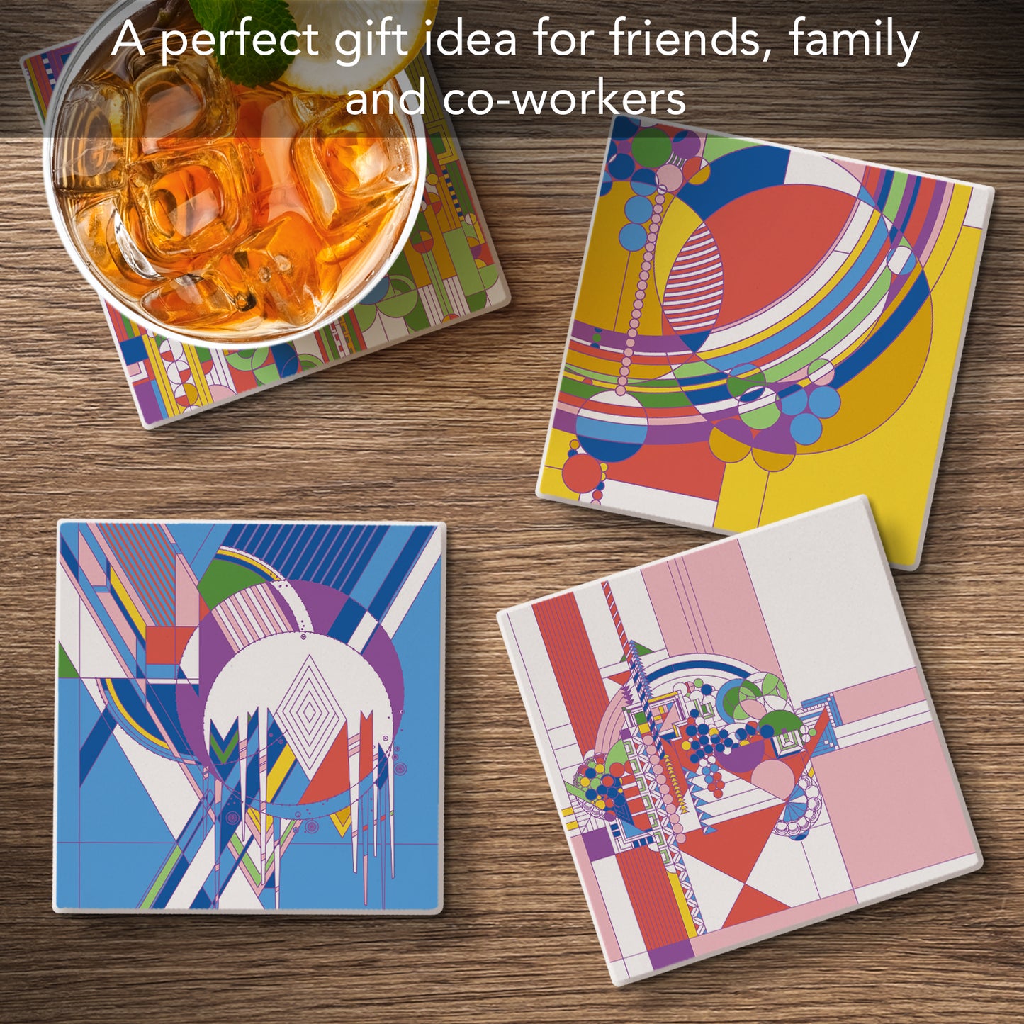 Frank Lloyd Wright 4 Pack Assorted New Liberty Covers Absorbent Stone Coasters Manufactured in the USA