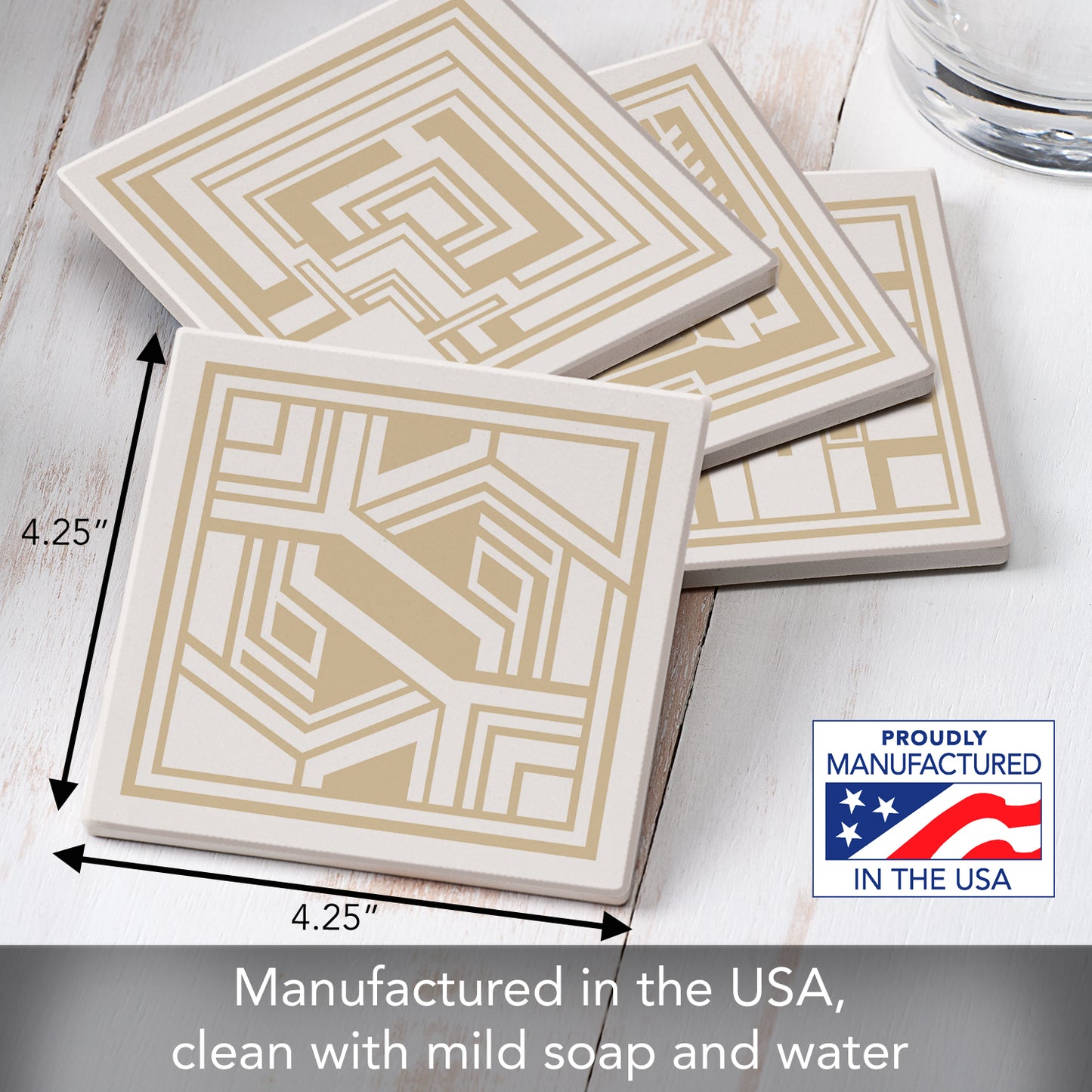 Textile Blocks Designs from F.L.W. Foundation on 4-Pack Assorted Stone Coasters with Protective Cork Backing Manufactured in The USA Absorbent Easily Wipes Clean