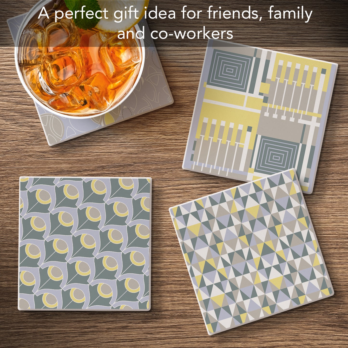 Taliesin Line Designs from F.L.W. Foundation 4-Pack Assorted Stone Coasters with Protective Cork Backing Manufactured in The USA Absorbent Easily Wipes Clean
