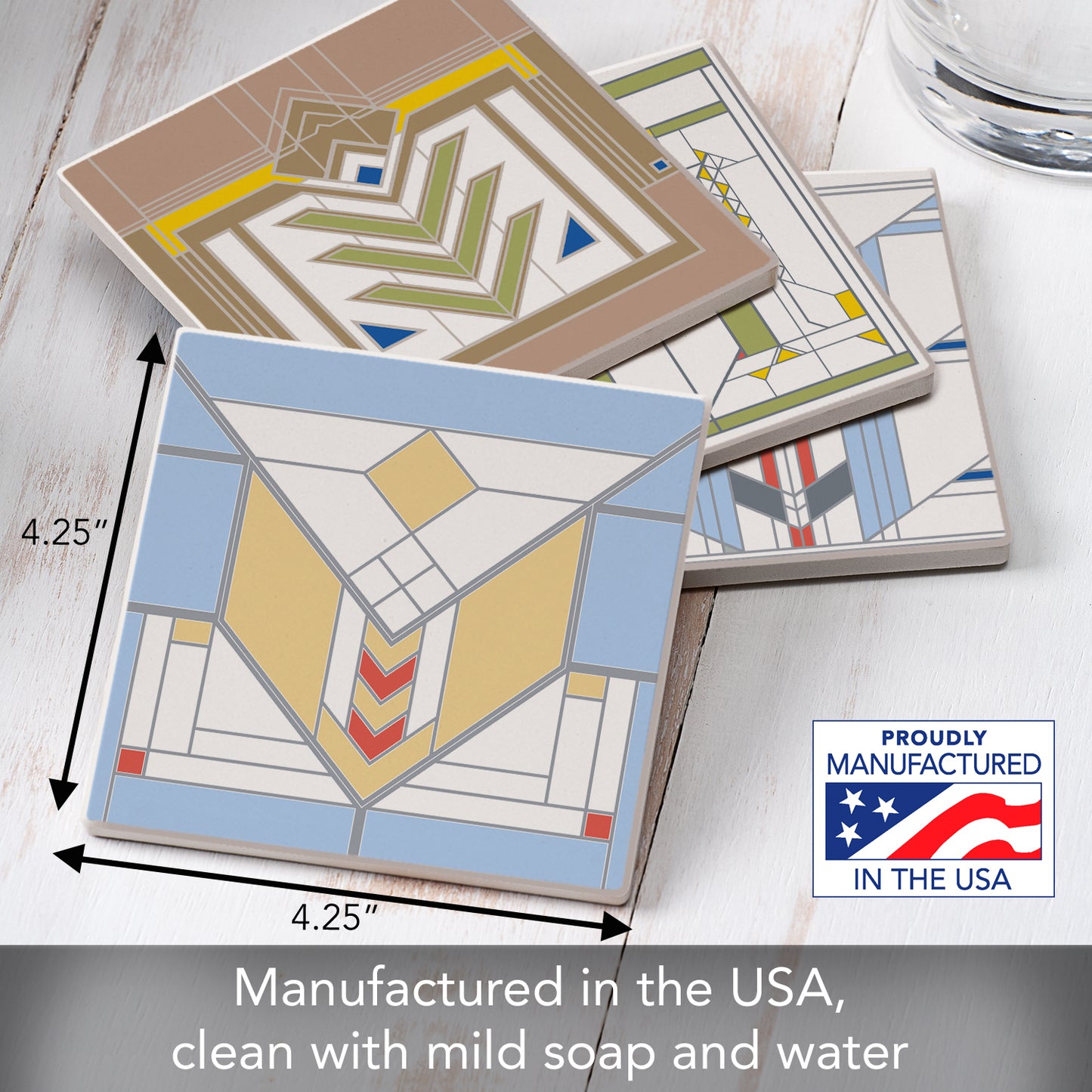 Chevron Designs by Frank Lloyd Wright 4-Pack Assorted Stone Coasters with Protective Cork Backing Manufactured in The USA Absorbent Easily Wipes Clean