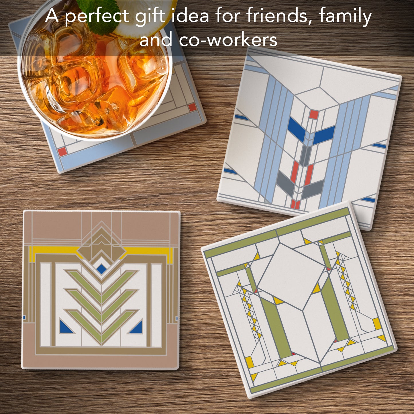 Chevron Designs by Frank Lloyd Wright 4-Pack Assorted Stone Coasters with Protective Cork Backing Manufactured in The USA Absorbent Easily Wipes Clean