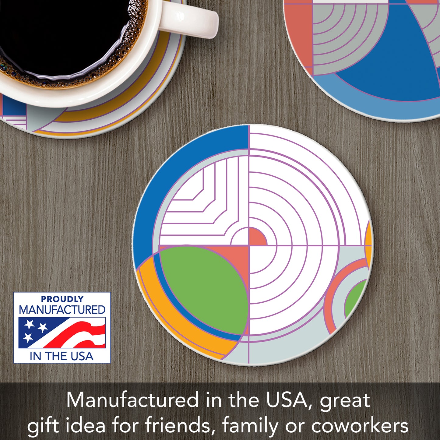 Frank Lloyd Wright's Assorted Hoffman Rug Designs 4 Pack Round Absorbent Stone Coasters Manufactured in the USA