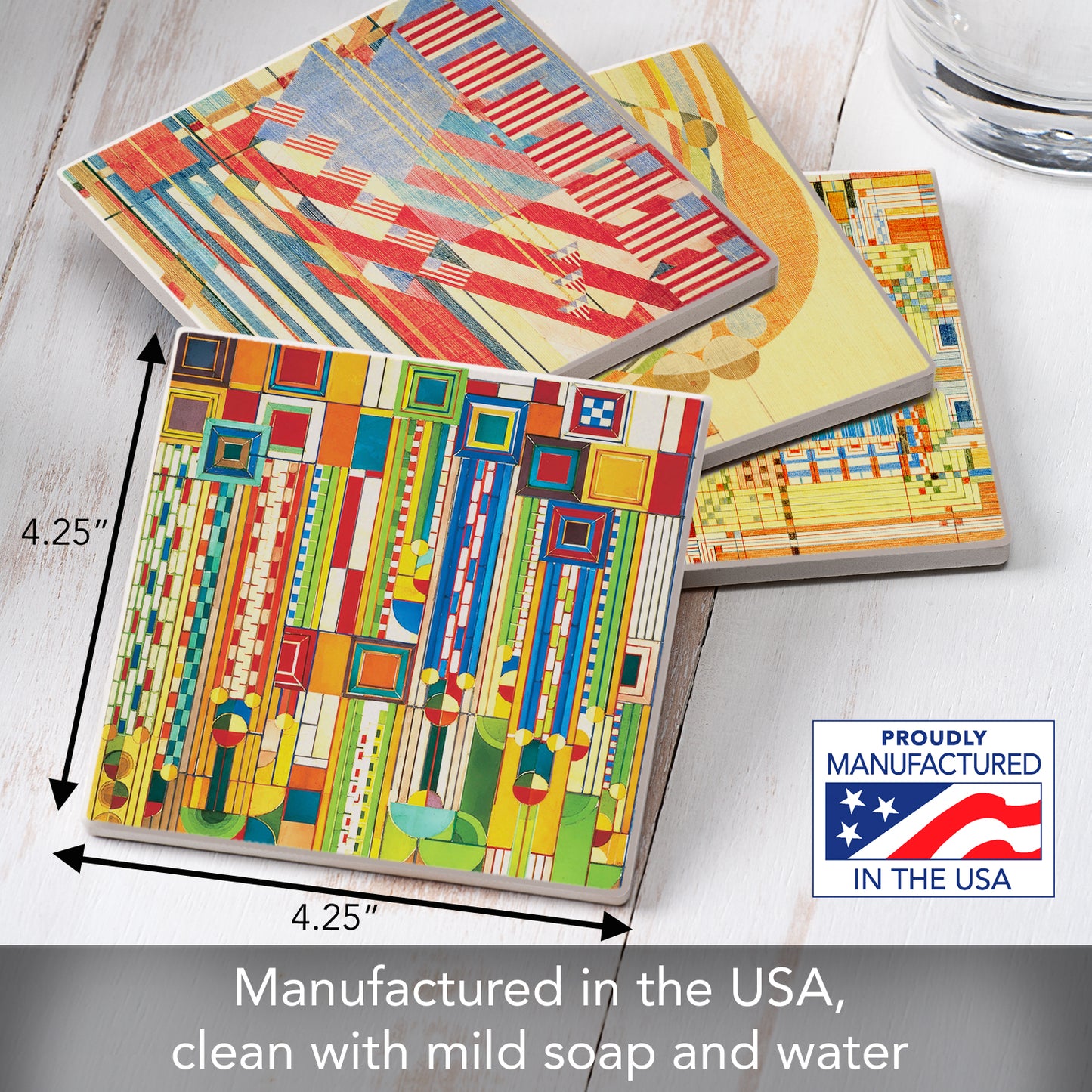Frank Lloyd Wright 4 Pack Assorted Liberty Covers III Design by Frank Lloyd Wright 4-Pack Stone Coasters Manufactured in the USA