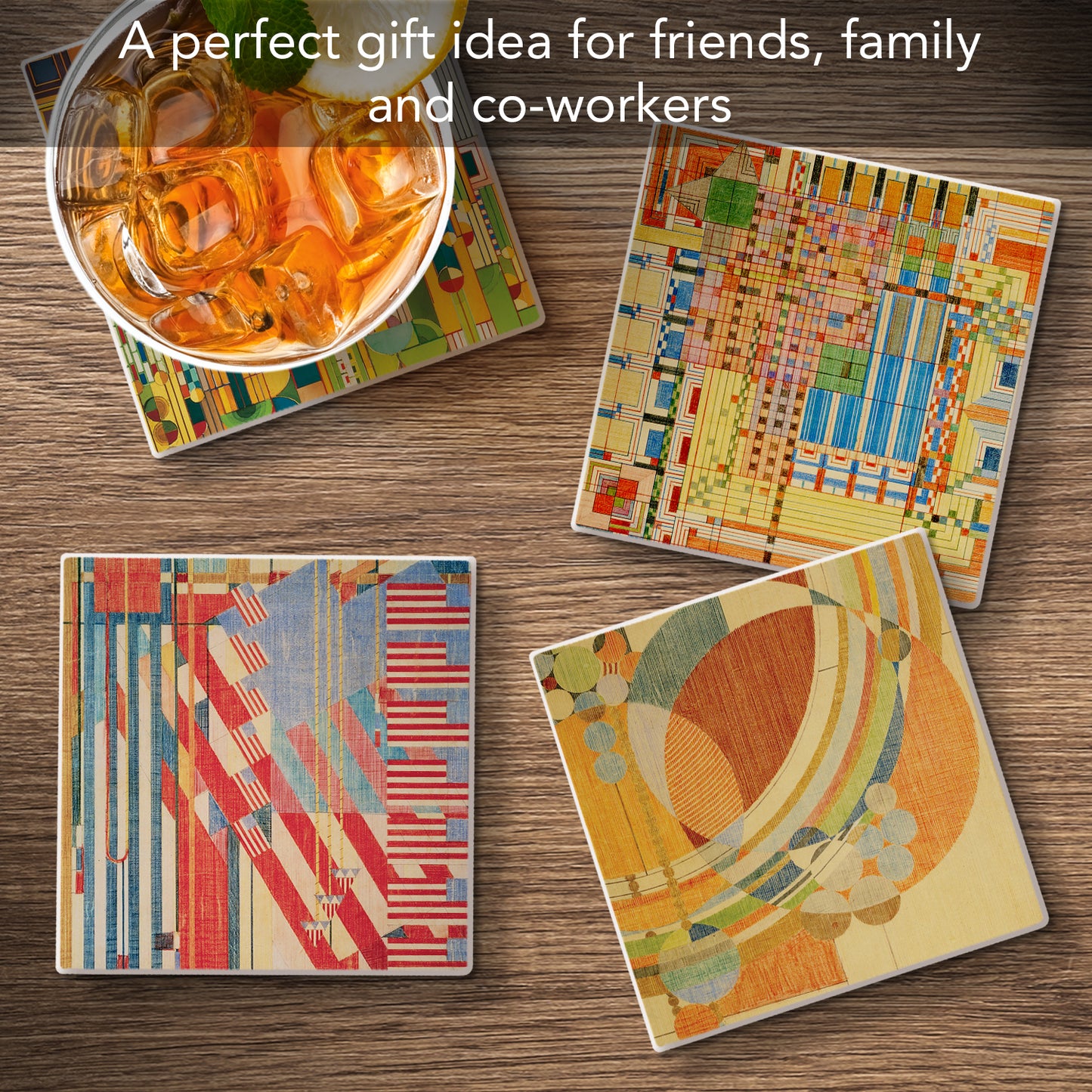 Frank Lloyd Wright 4 Pack Assorted Liberty Covers III Design by Frank Lloyd Wright 4-Pack Stone Coasters Manufactured in the USA