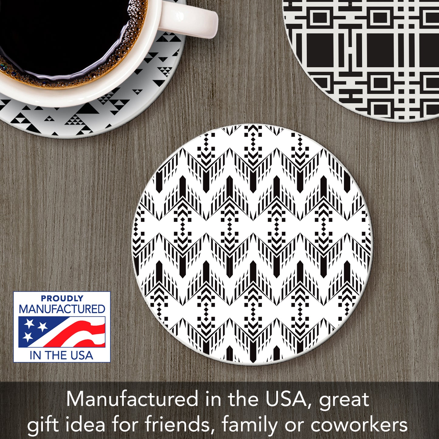 Black & White Assorted Patterns by Frank Lloyd Wright 4 Pack Round Absorbent Stone Coasters with Protective Cork Backing Manufactured in The USA