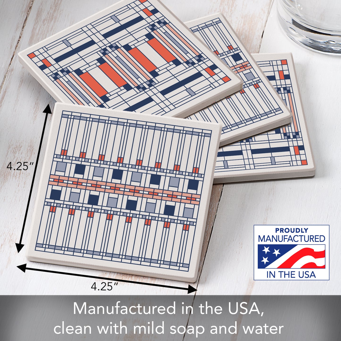 Frank Lloyd Wright Assorted Oak Park Designs 4 Pack Stone Coasters Manufactured in the USA