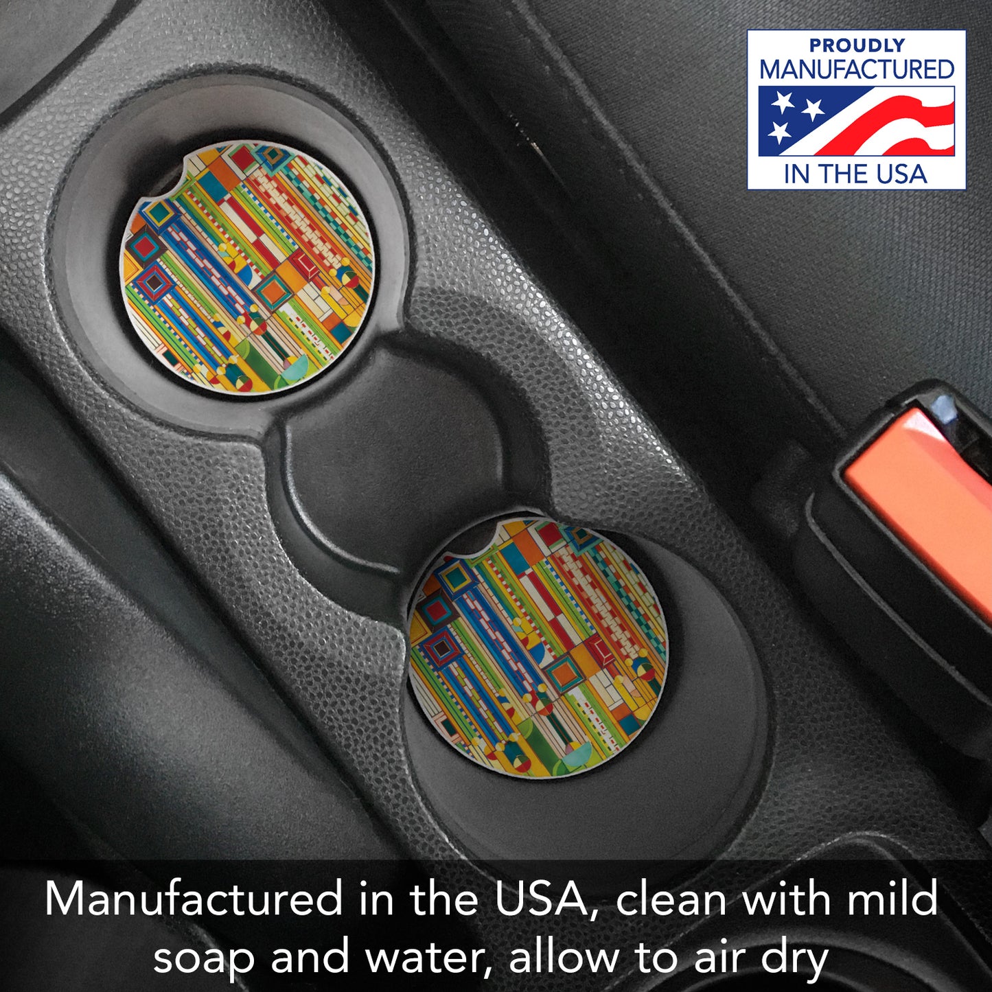 Saguaro Forms Design from Frank Lloyd Wright Foundation on 2-Pack Absorbent Stone Car Coasters 2.6” Diameter Manufactured in The USA
