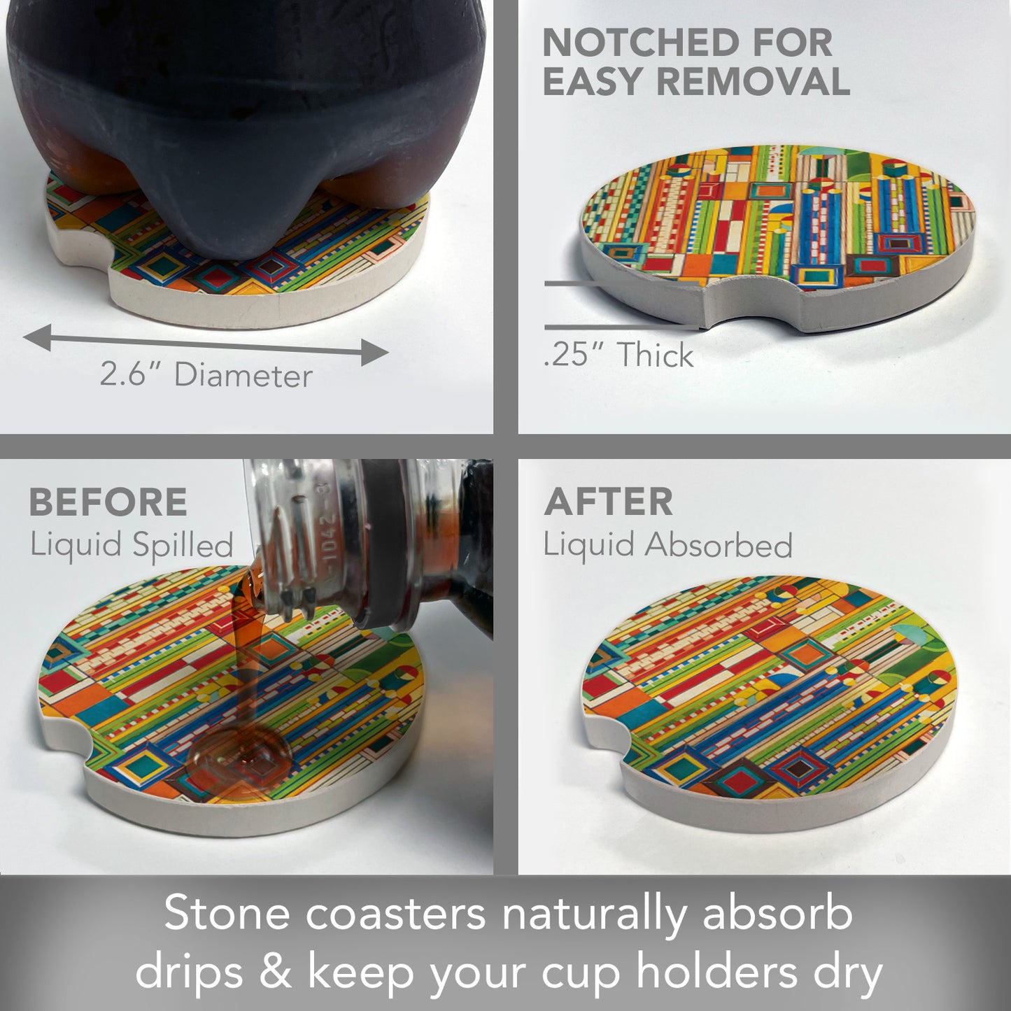 Saguaro Forms Design from Frank Lloyd Wright Foundation on 2-Pack Absorbent Stone Car Coasters 2.6” Diameter Manufactured in The USA