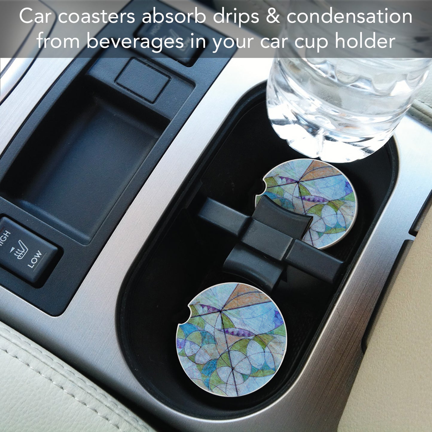 Bougainvillea Mural IV Design from Frank Lloyd Wright Foundation on 2-Pack Absorbent Stone Car Coasters 2.6” Diameter Manufactured in The USA
