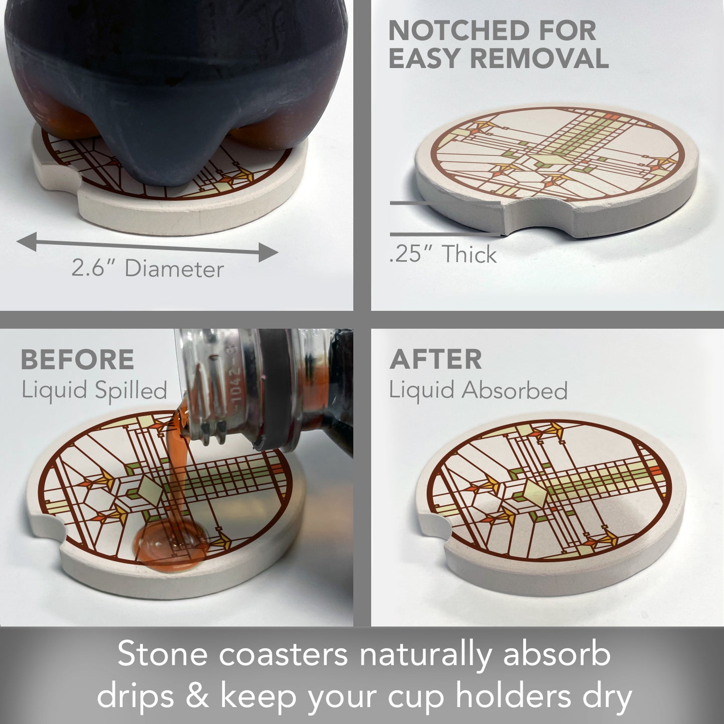 Harley Bradley House Design from Frank Lloyd Wright Foundation on 2-Pack Absorbent Stone Car Coasters 2.6” Diameter Manufactured in The USA
