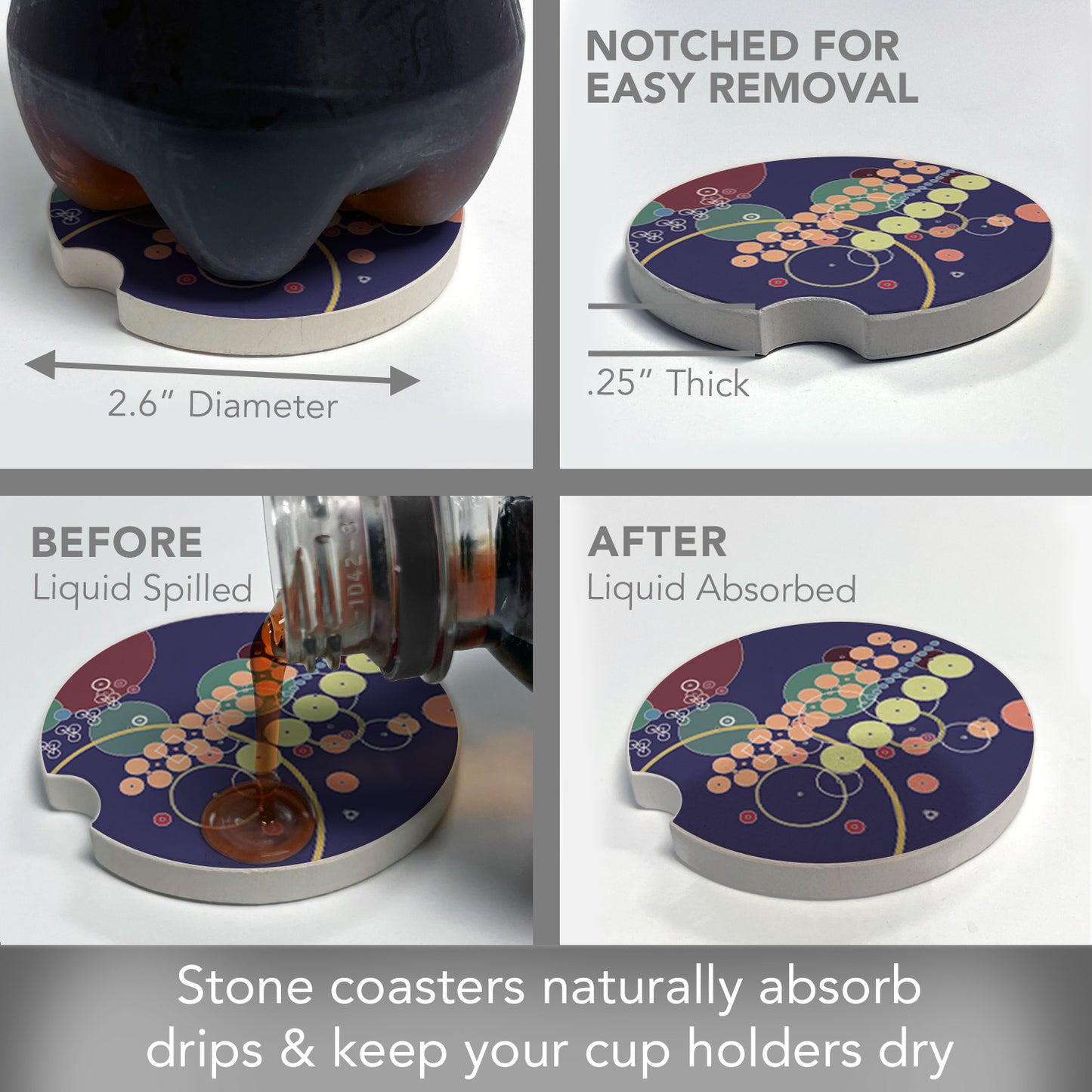 Midway Mural Design I by Frank Lloyd Wright 2-Pack Absorbent Stone Car Coasters 2.6” Diameter Manufactured in The USA