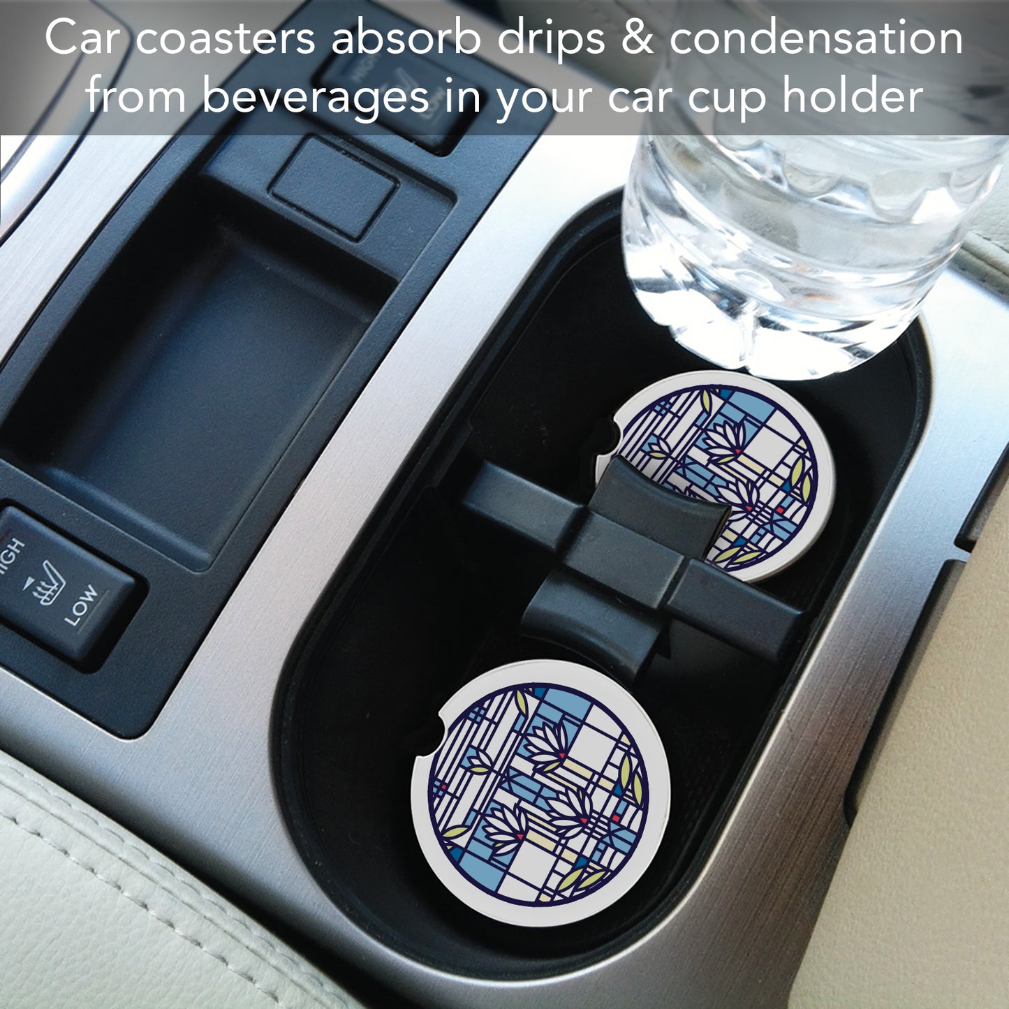Waterlilies Design from Frank Lloyd Wright Foundation on 2-Pack Absorbent Stone Car Coasters 2.6” Diameter Manufactured in The USA