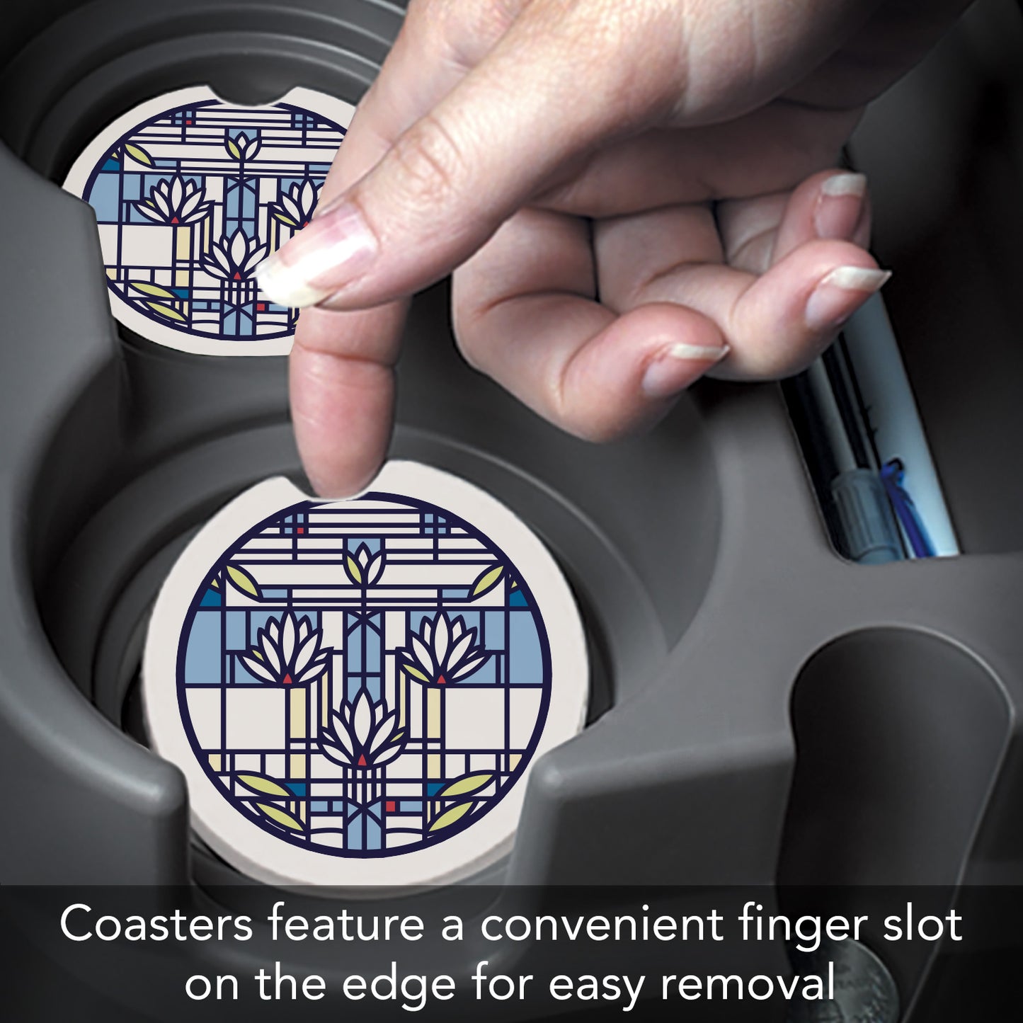 Waterlilies Design from Frank Lloyd Wright Foundation on 2-Pack Absorbent Stone Car Coasters 2.6” Diameter Manufactured in The USA