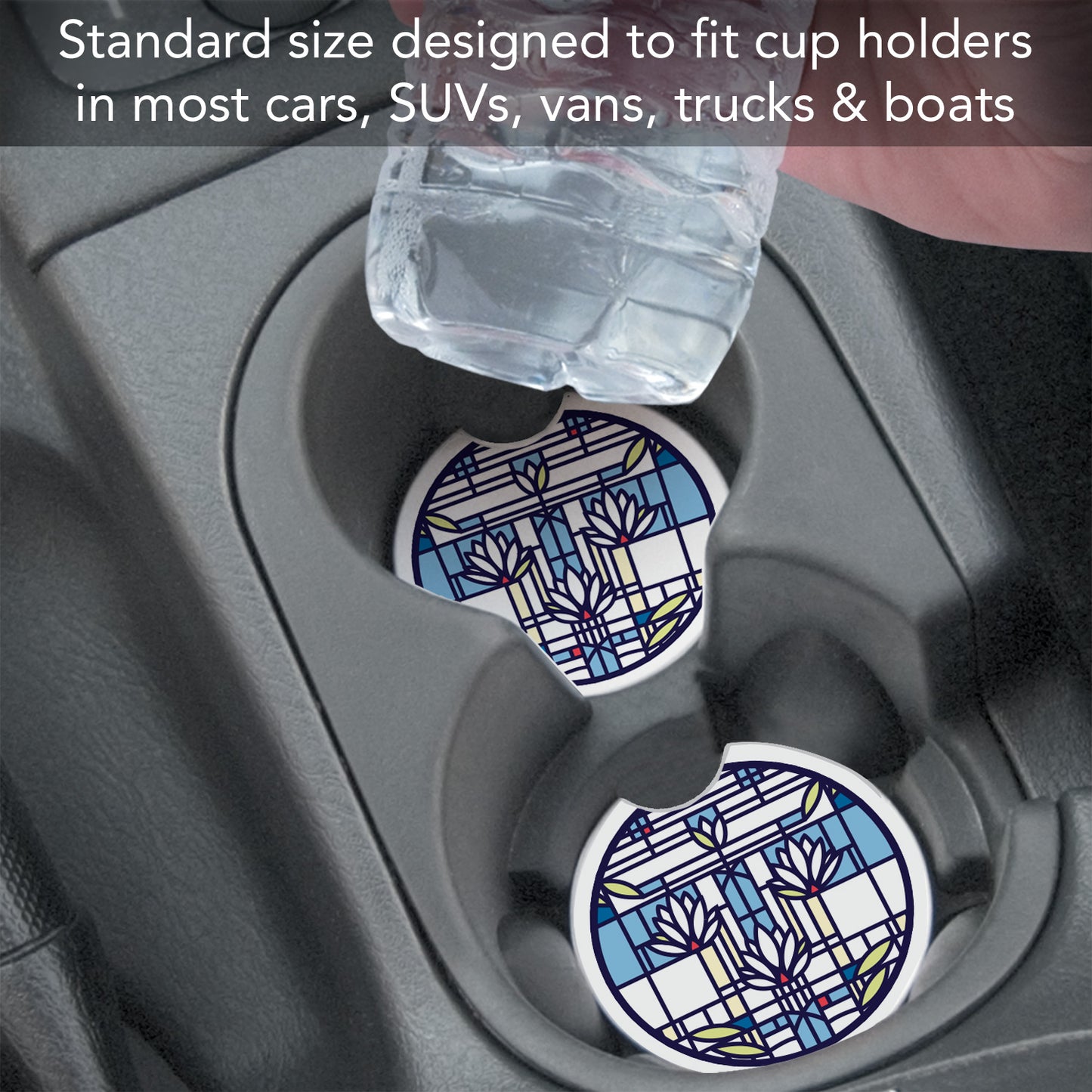 Waterlilies Design from Frank Lloyd Wright Foundation on 2-Pack Absorbent Stone Car Coasters 2.6” Diameter Manufactured in The USA
