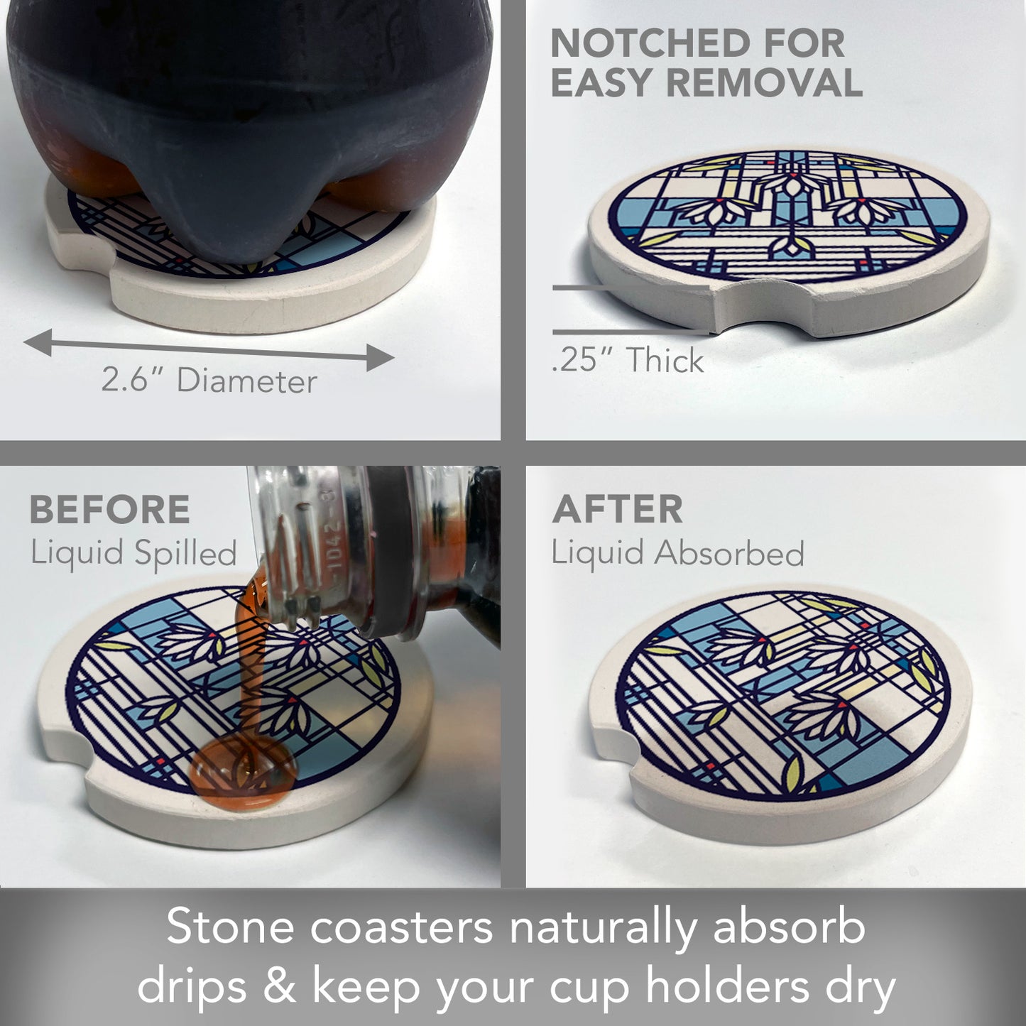 Waterlilies Design from Frank Lloyd Wright Foundation on 2-Pack Absorbent Stone Car Coasters 2.6” Diameter Manufactured in The USA