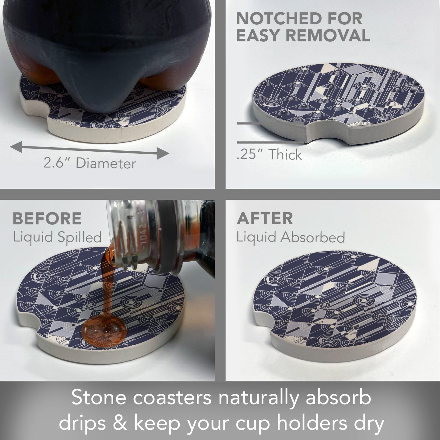 April Showers Design from Frank Lloyd Wright Foundation on 2-Pack Absorbent Stone Car Coasters 2.6” Diameter Manufactured in The USA
