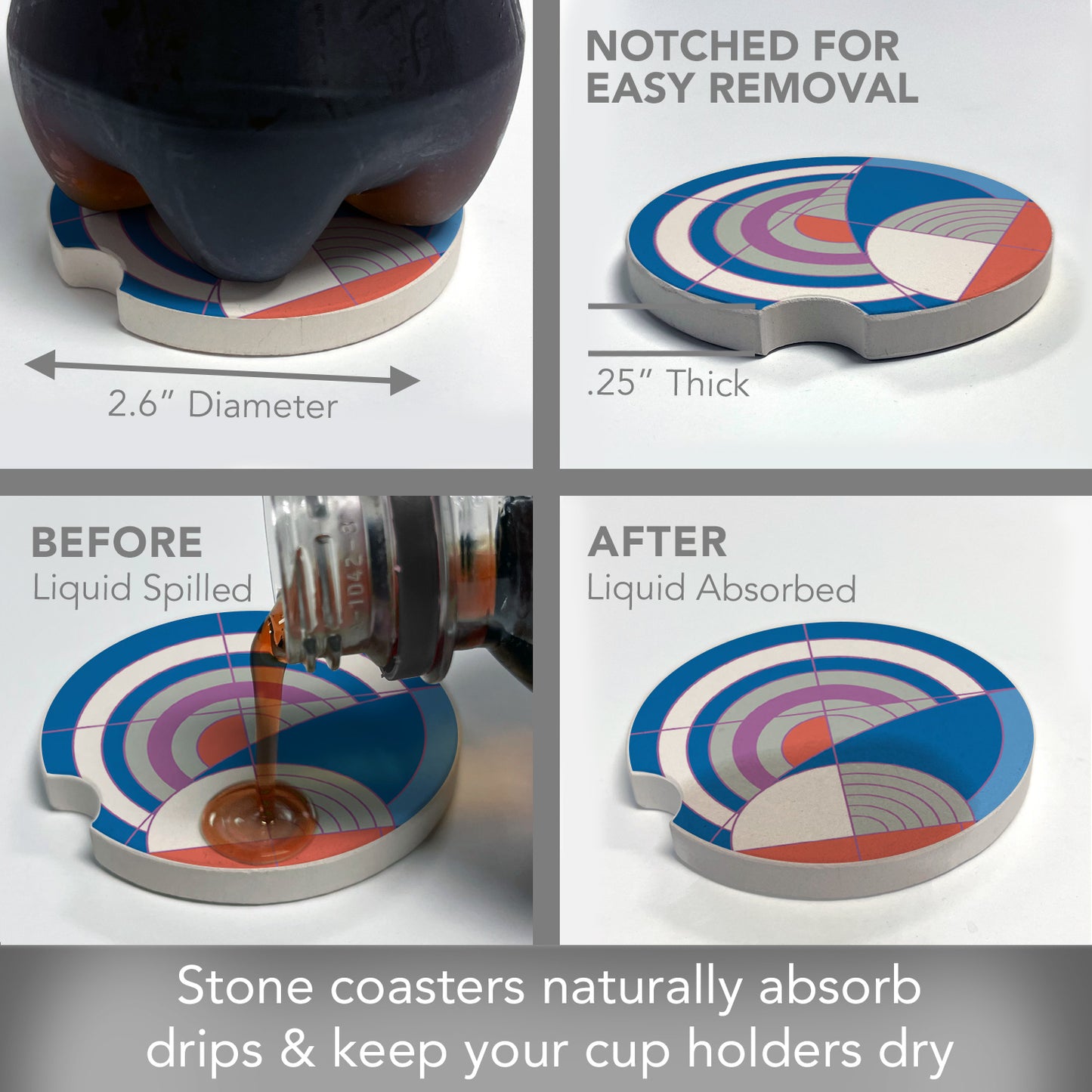 Hoffman Rug Design II by Frank Lloyd Wright 2-Pack Absorbent Stone Car Coasters 2.6” Diameter Manufactured in The USA