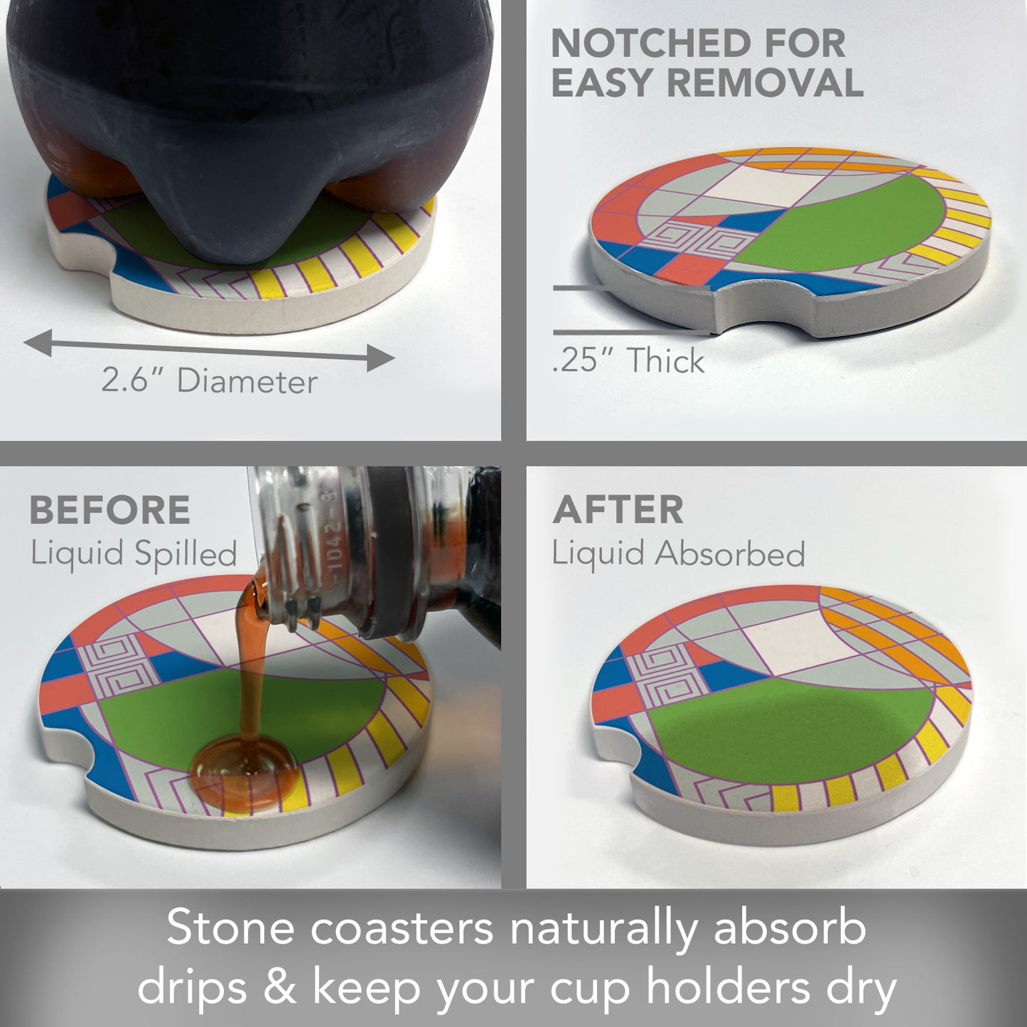 Hoffman Rug Design IV from Frank Lloyd Wright Foundation on 2-Pack Absorbent Stone Car Coasters 2.6” Diameter Manufactured in The USA