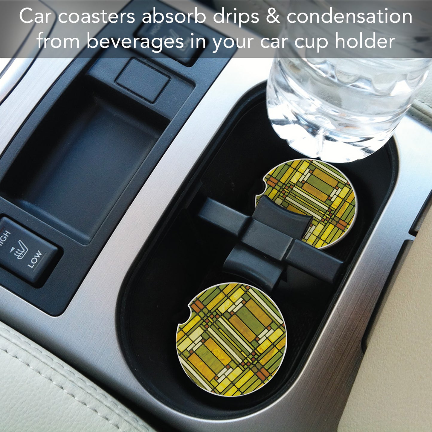 Oak Park Design from Frank Lloyd Wright Foundation on 2-Pack Absorbent Stone Car Coasters 2.6” Diameter Manufactured in The USA