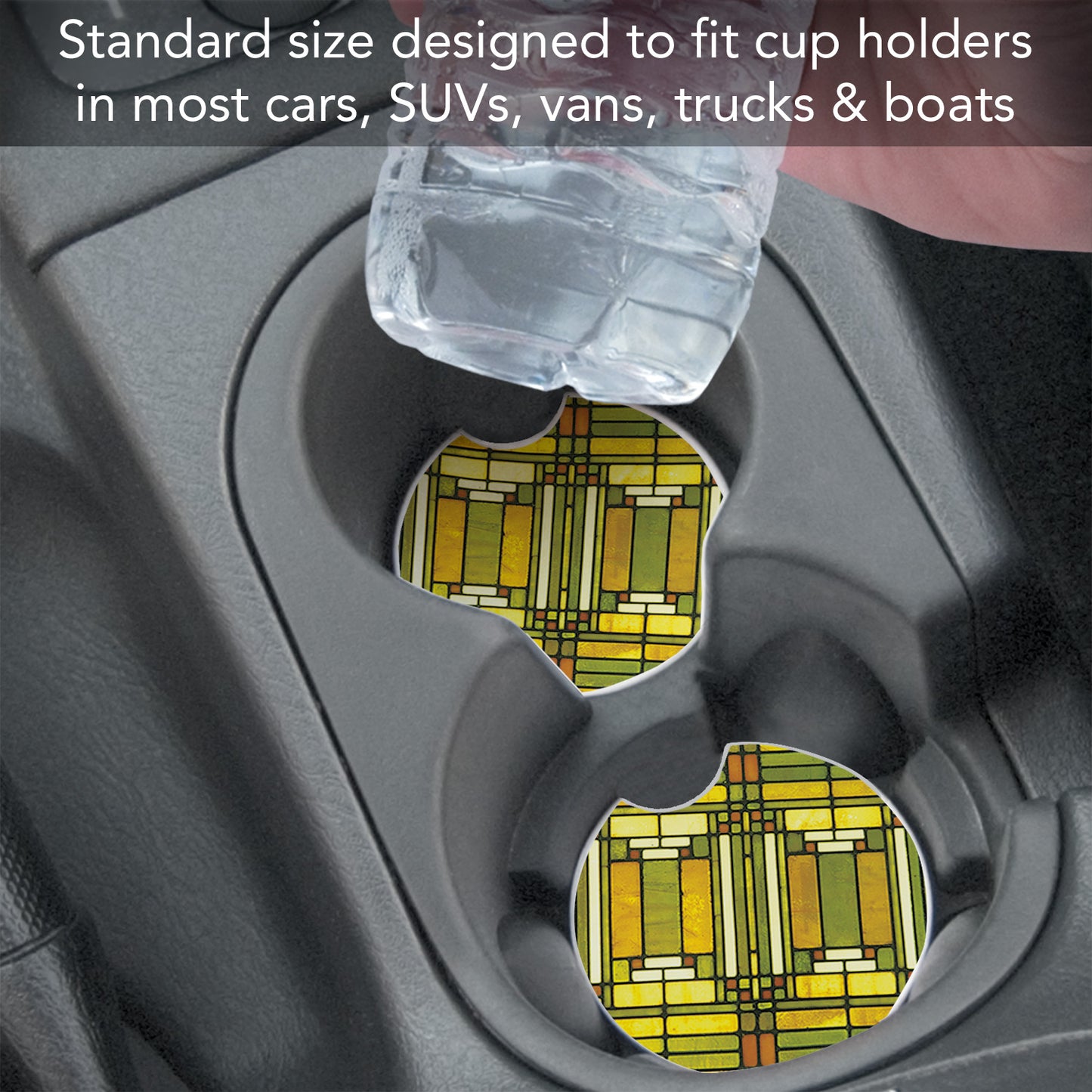 Oak Park Design from Frank Lloyd Wright Foundation on 2-Pack Absorbent Stone Car Coasters 2.6” Diameter Manufactured in The USA