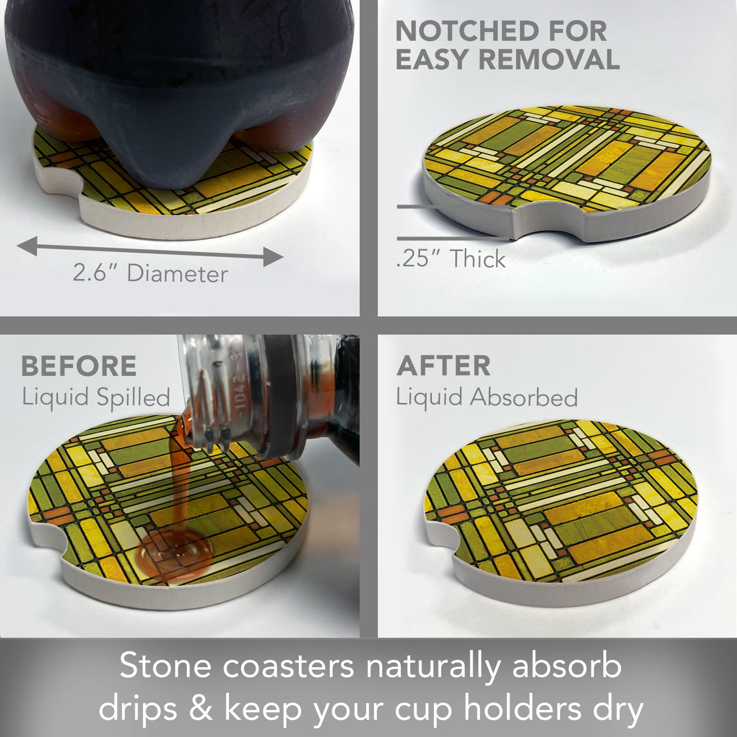 Oak Park Design from Frank Lloyd Wright Foundation on 2-Pack Absorbent Stone Car Coasters 2.6” Diameter Manufactured in The USA