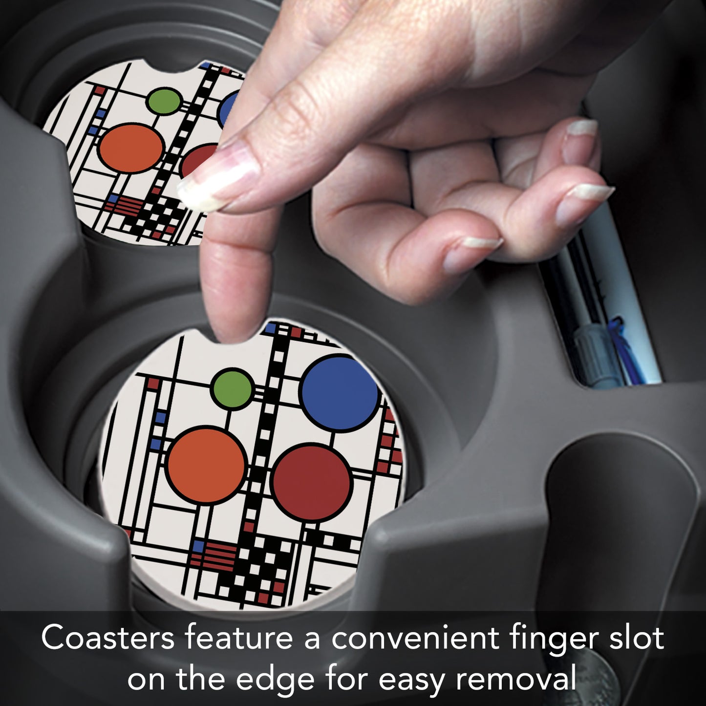 Frank Lloyd Wright 2 Pack Stone Car Coaster Coonley Playhouse Window Design 2.6” Diameter Manufactured in the USA