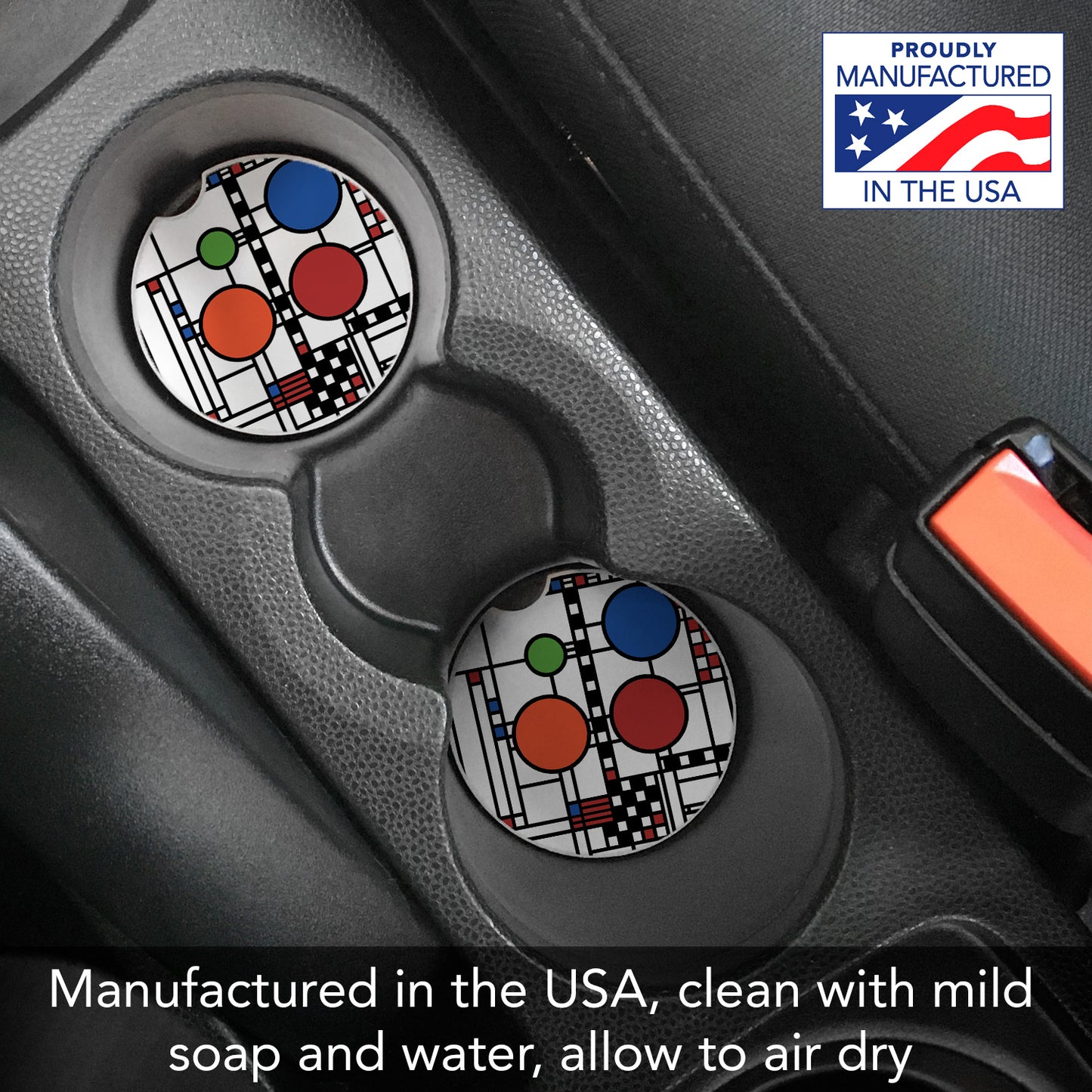 Frank Lloyd Wright 2 Pack Stone Car Coaster Coonley Playhouse Window Design 2.6” Diameter Manufactured in the USA