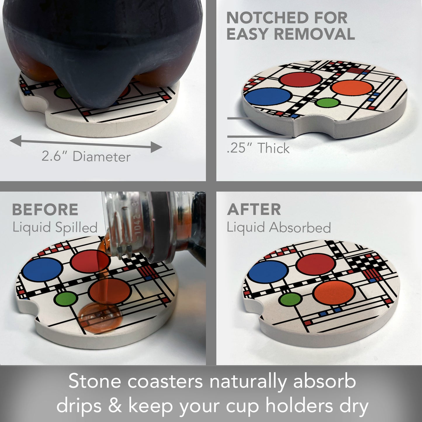 Frank Lloyd Wright 2 Pack Stone Car Coaster Coonley Playhouse Window Design 2.6” Diameter Manufactured in the USA