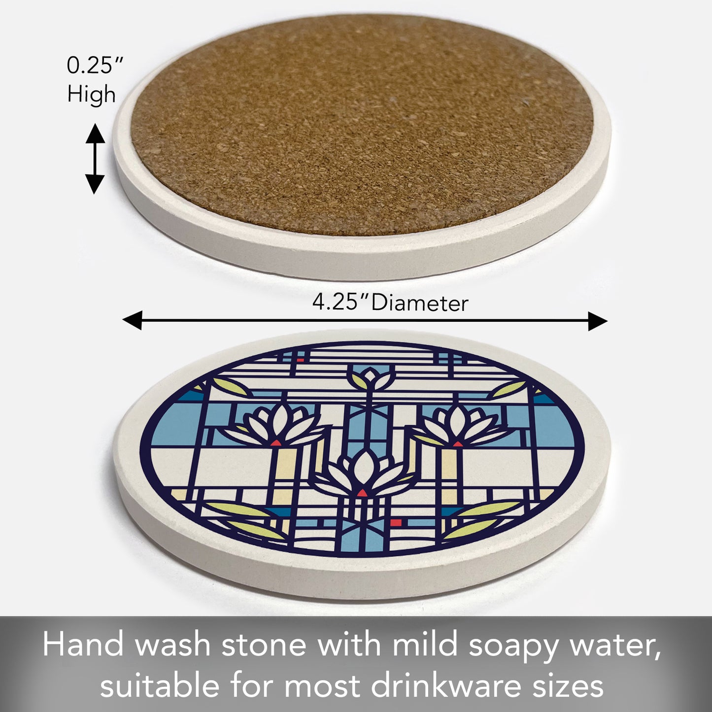 Waterlilies Design by Frank Lloyd Wright 4 Pack Round Absorbent Stone Coasters 4" Diameter