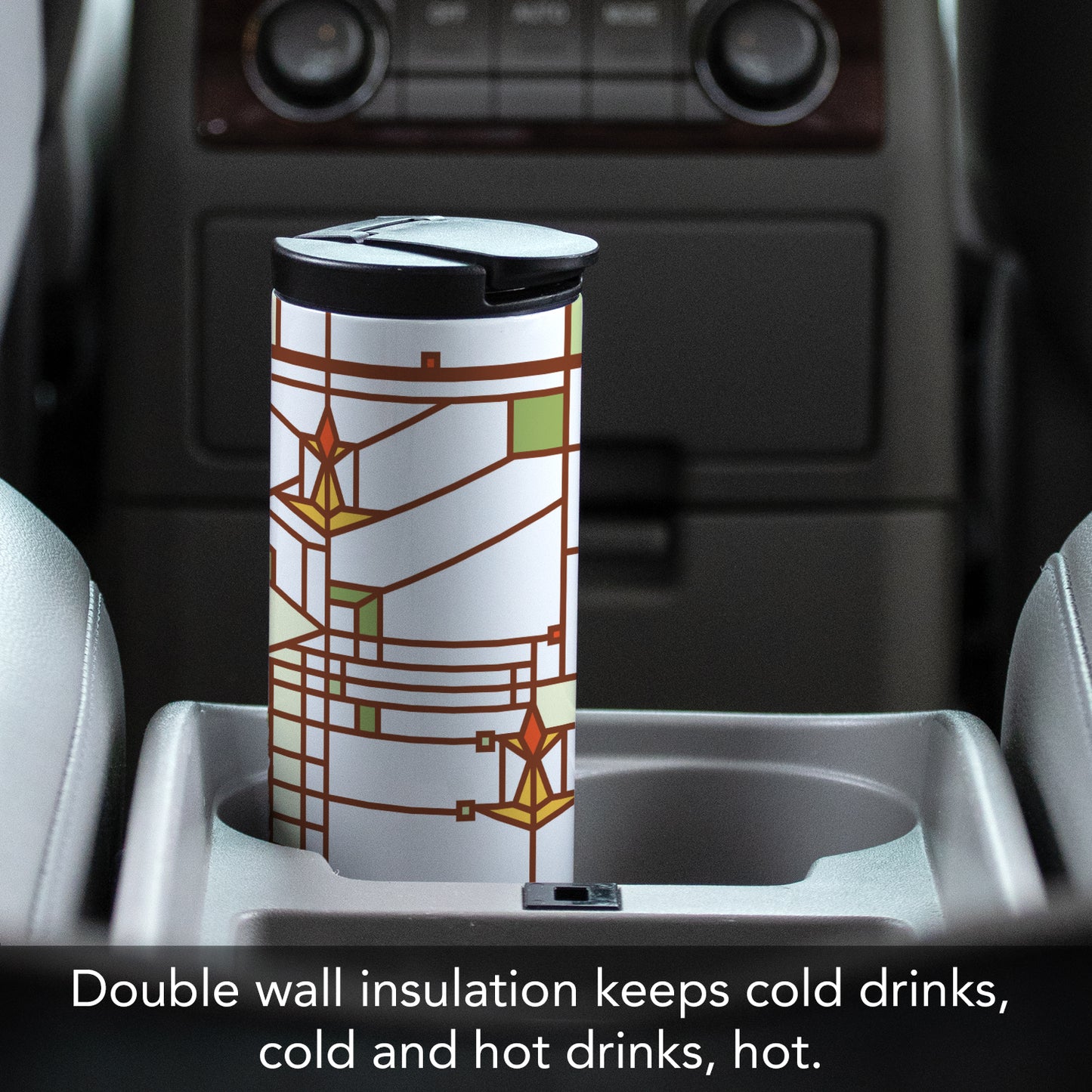 Frank Lloyd Wright's B. Harley Bradley House Design on 17 Ounce Insulated Stainless Steel Tumbler Manufactured in the USA