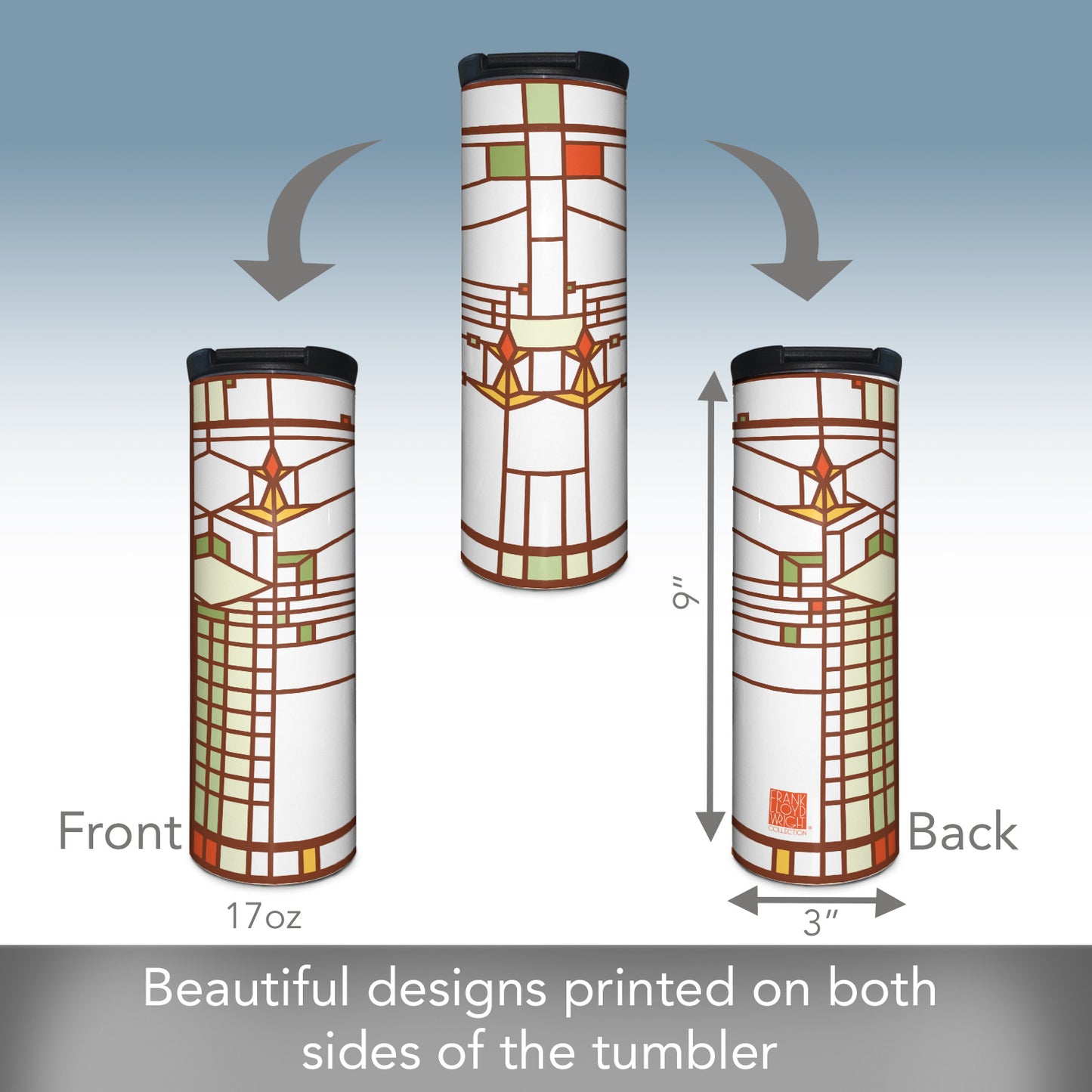 Highland Home B. Harley Bradley House Design by Frank Lloyd Wright on 17 Ounce Double Wall Insulated Stainless Steel Tumbler Manufactured in the USA