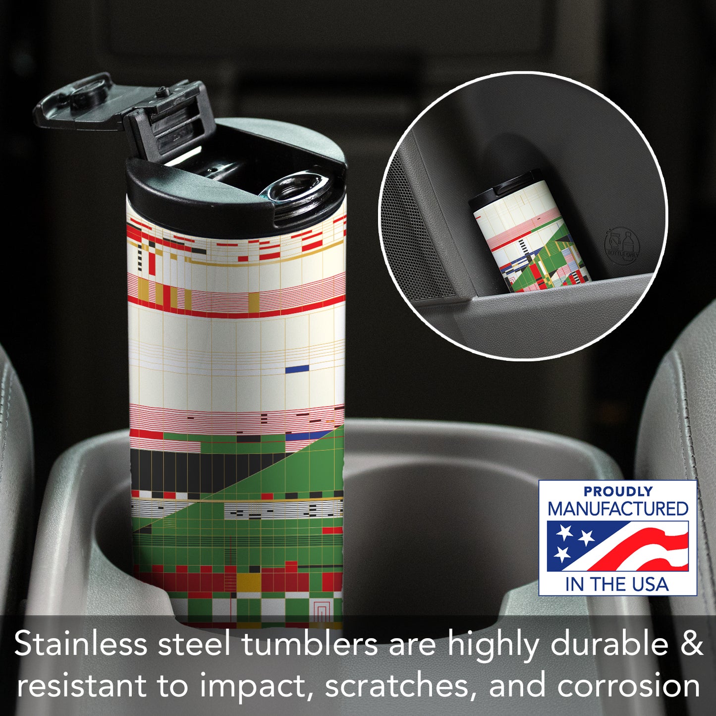 Frank Lloyd Wright's Hillside Curtain Design on 17 Ounce Insulated Stainless Steel Tumbler Manufactured in the USA