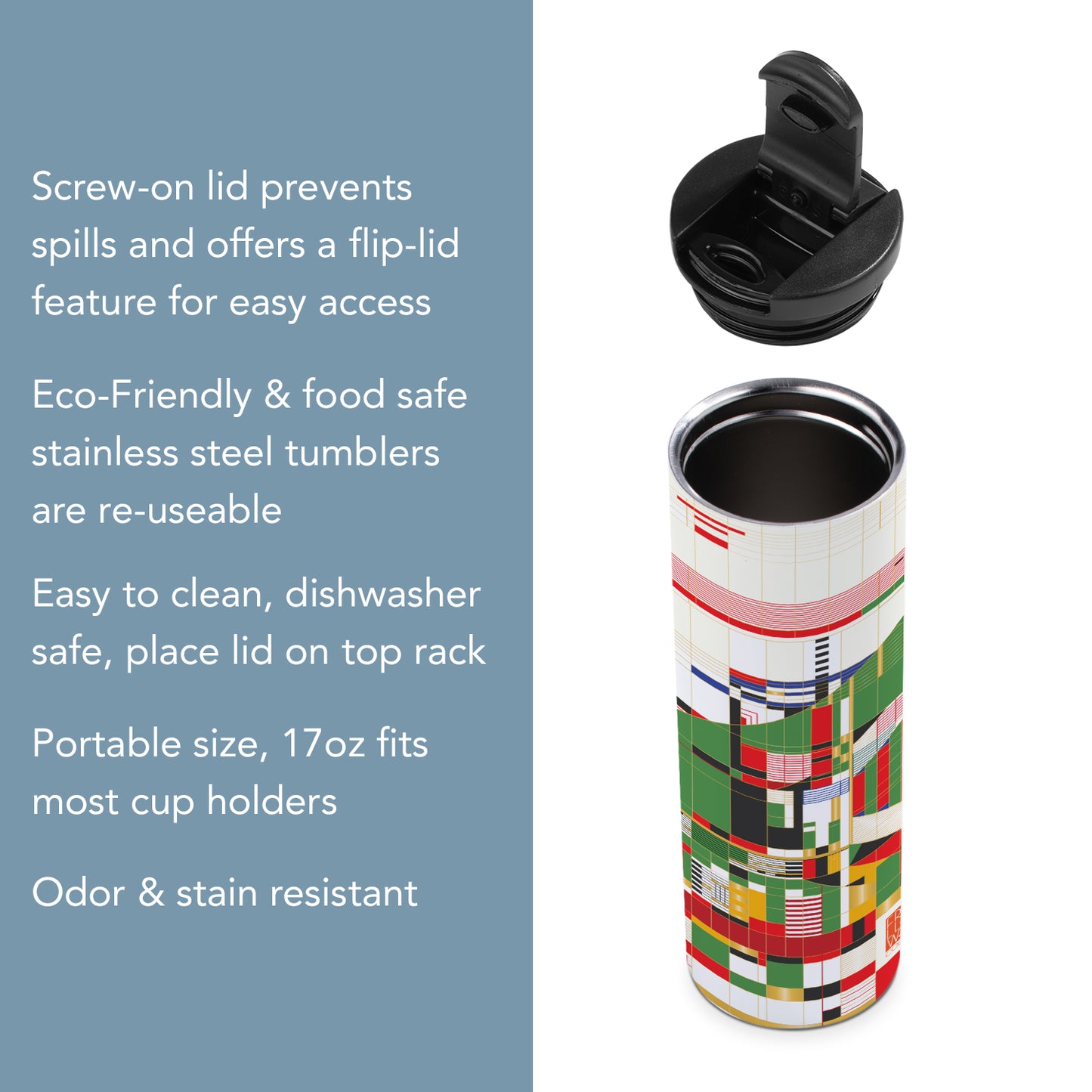 Highland Home Hillside Curtain Design by Frank Lloyd Wright on 17 Ounce Double Wall Insulated Stainless Steel Tumbler Manufactured in the USA