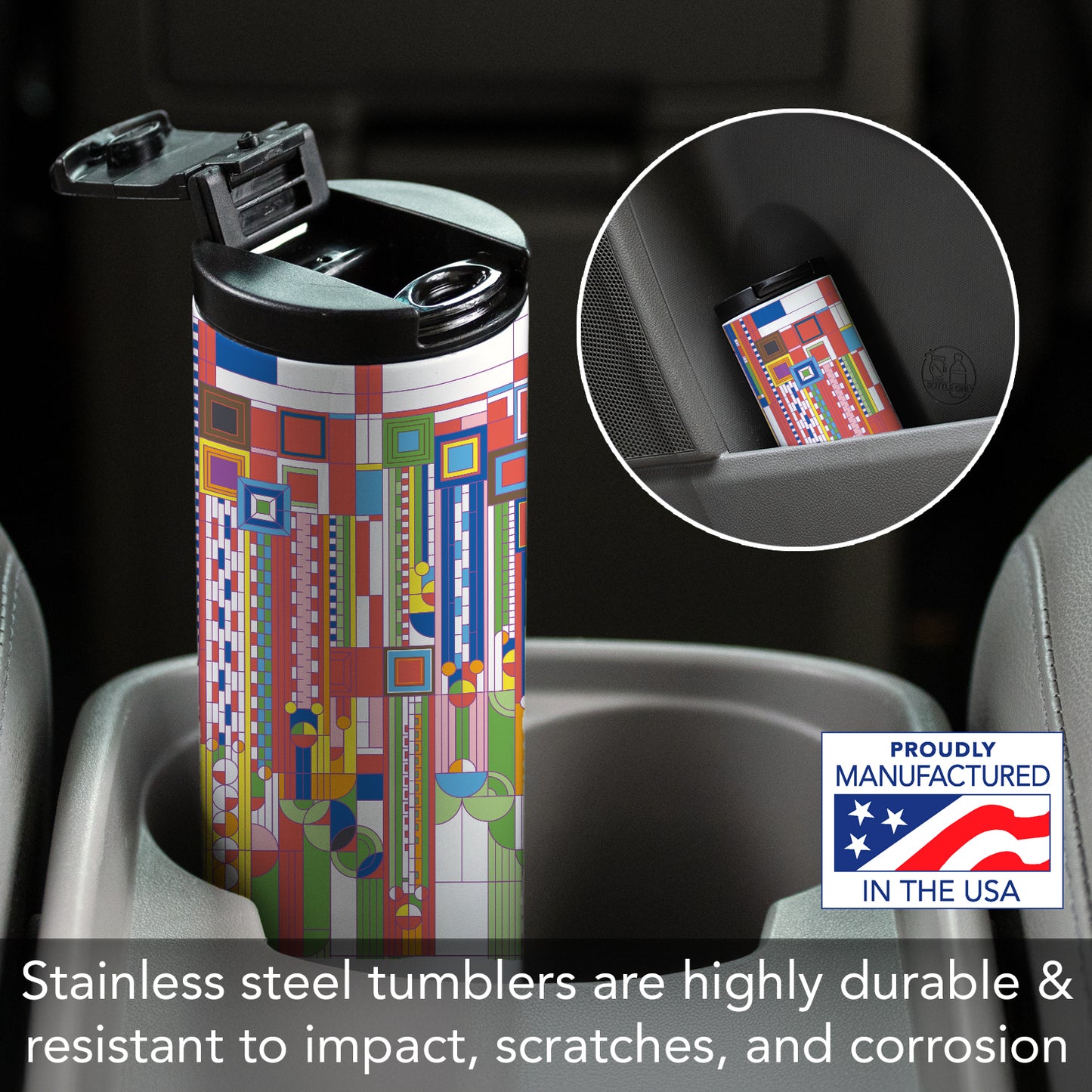 Highland Home Saguaro Design by Frank Lloyd Wright on 17 Ounce Double Wall Insulated Stainless Steel Tumbler Manufactured in the USA