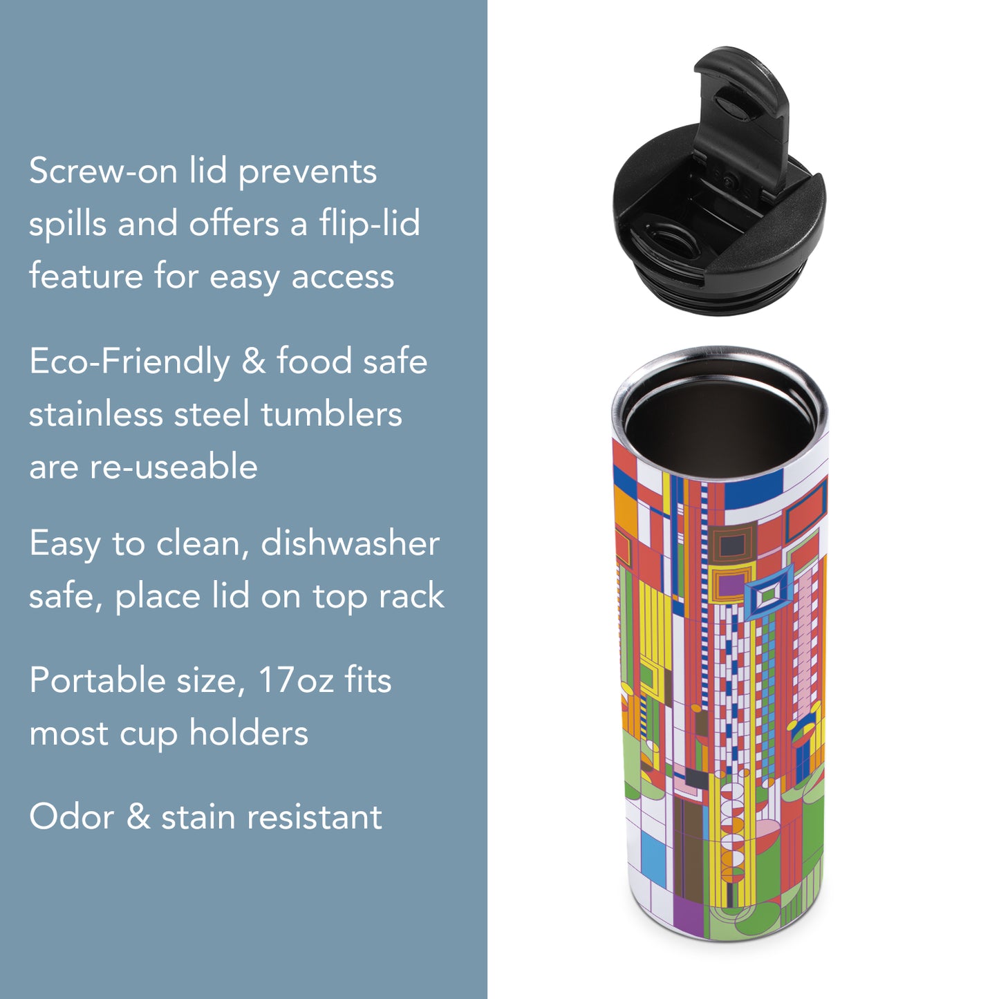 Highland Home Saguaro Design by Frank Lloyd Wright on 17 Ounce Double Wall Insulated Stainless Steel Tumbler Manufactured in the USA