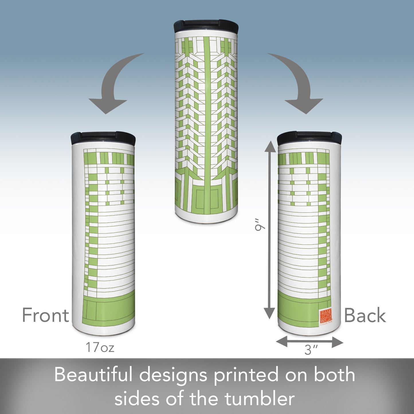 Frank Lloyd Wright's Martin House Casement Window Design on 17 Ounce Insulated Stainless Steel Tumbler Manufactured in the USA