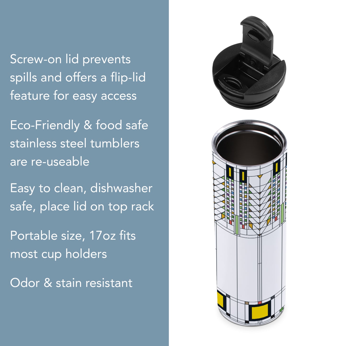 Frank Lloyd Wright's Tree of Life Design on 17 Ounce Insulated Stainless Steel Tumbler Manufactured in the USA