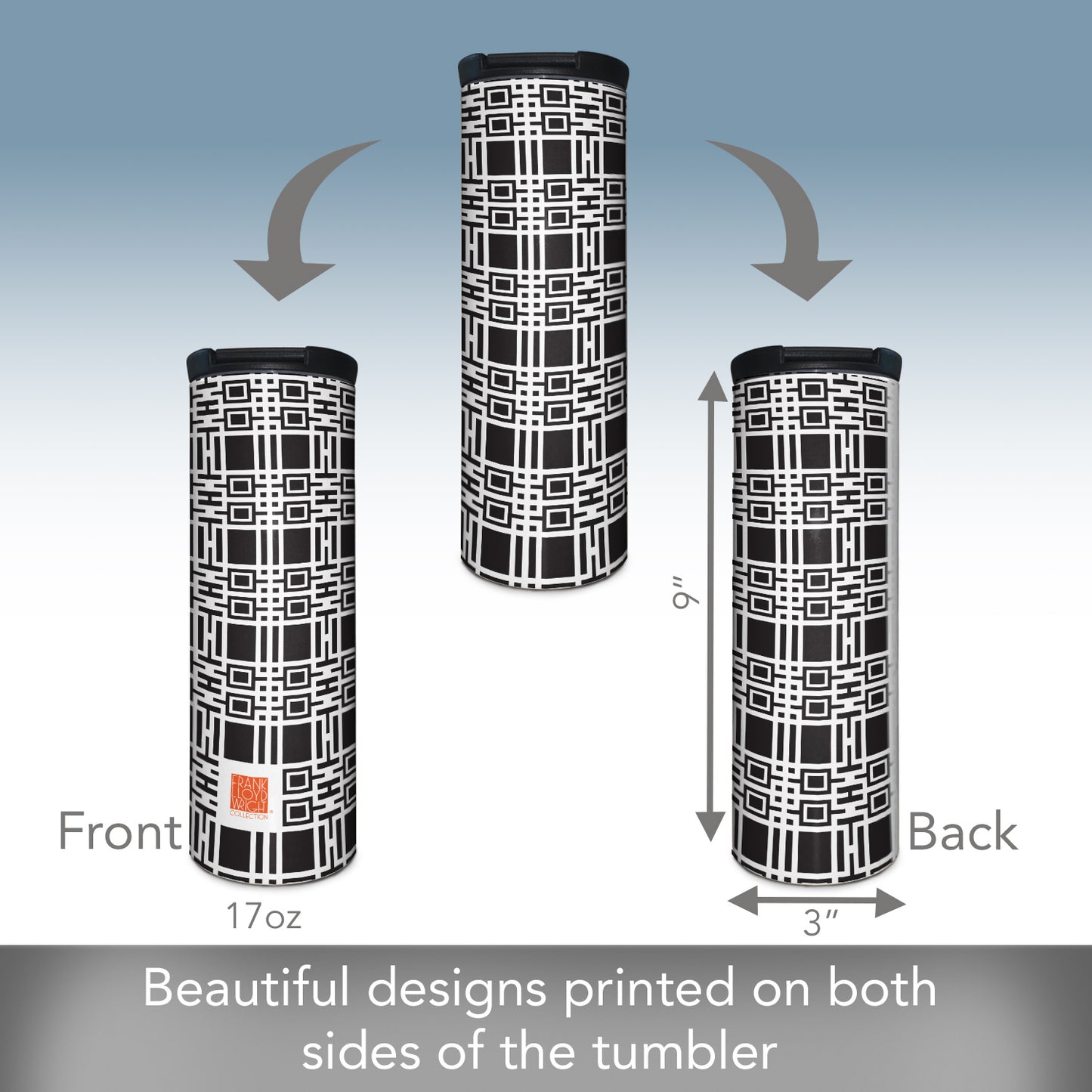 Highland Home Midway Gardens Wall Pattern Design by Frank Lloyd Wright on 17 Ounce Double Wall Insulated Stainless Steel Tumbler Manufactured in the USA