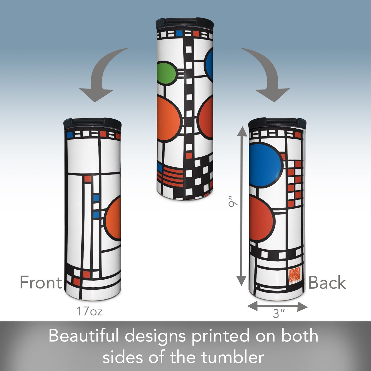 Highland Home Coonley Playhouse Window Design by Frank Lloyd Wright on 17 Ounce Double Wall Insulated Stainless Steel Tumbler Manufactured in the USA