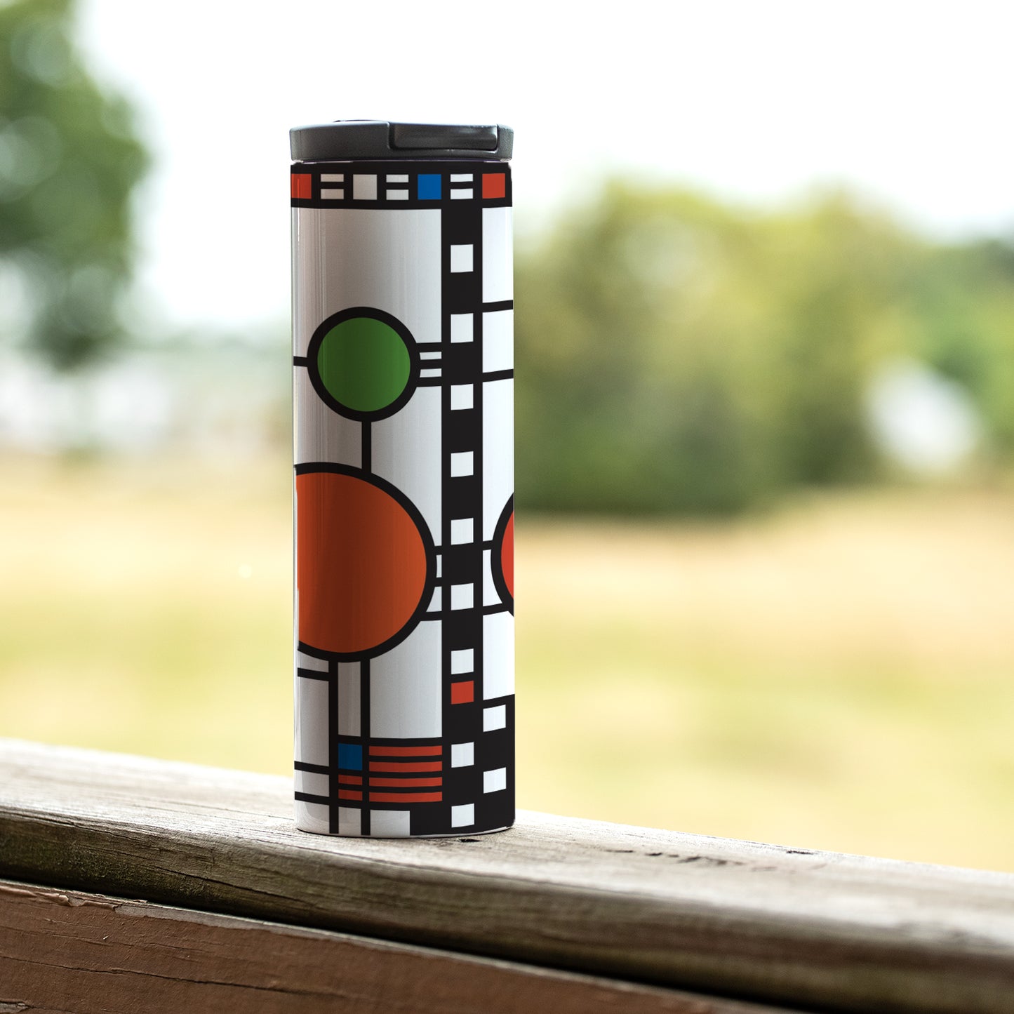 Highland Home Coonley Playhouse Window Design by Frank Lloyd Wright on 17 Ounce Double Wall Insulated Stainless Steel Tumbler Manufactured in the USA