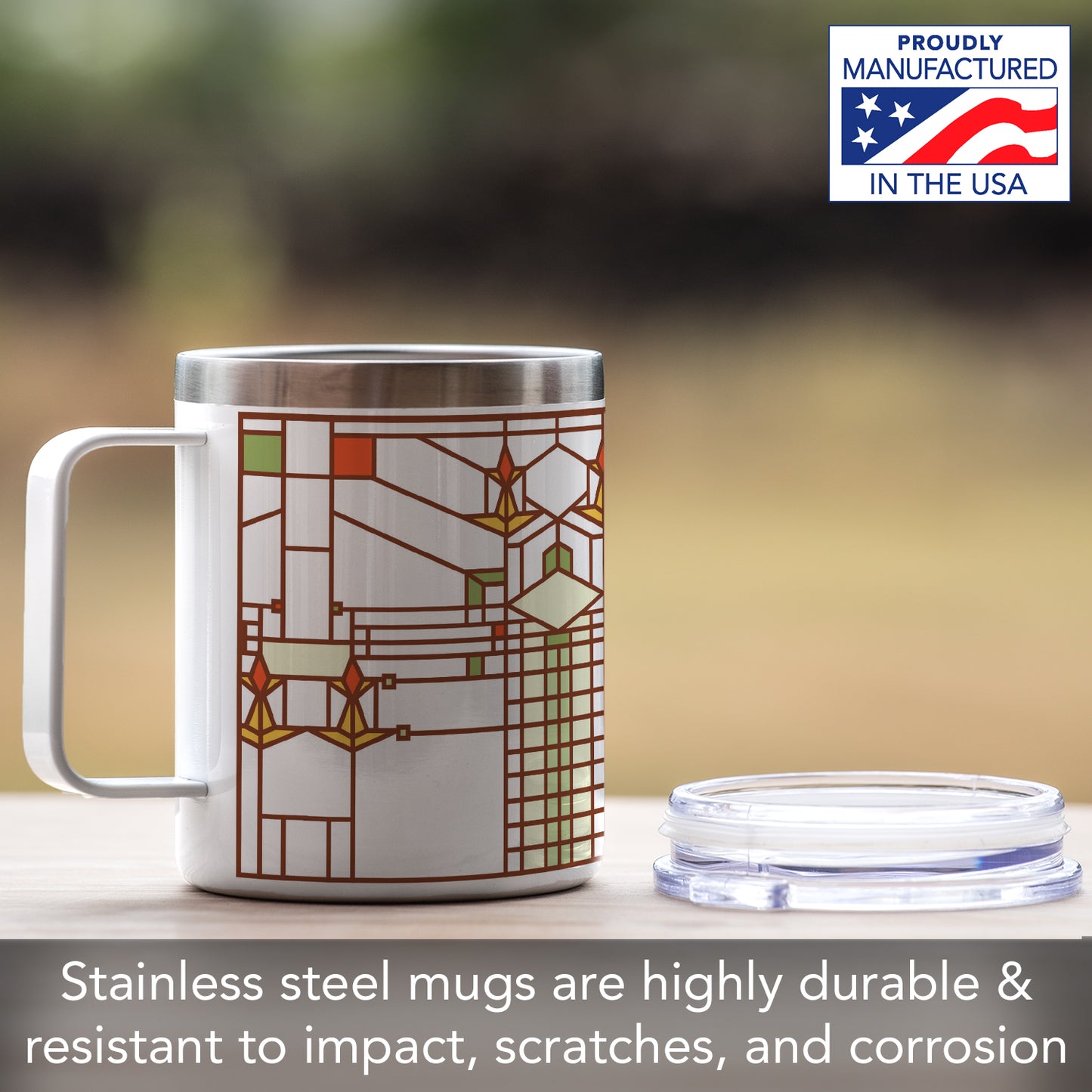 Highland Home B. Harley Bradley House Design by Frank Lloyd Wright on Stainless Steel Mug with Lid 12 oz. Manufactured in the USA